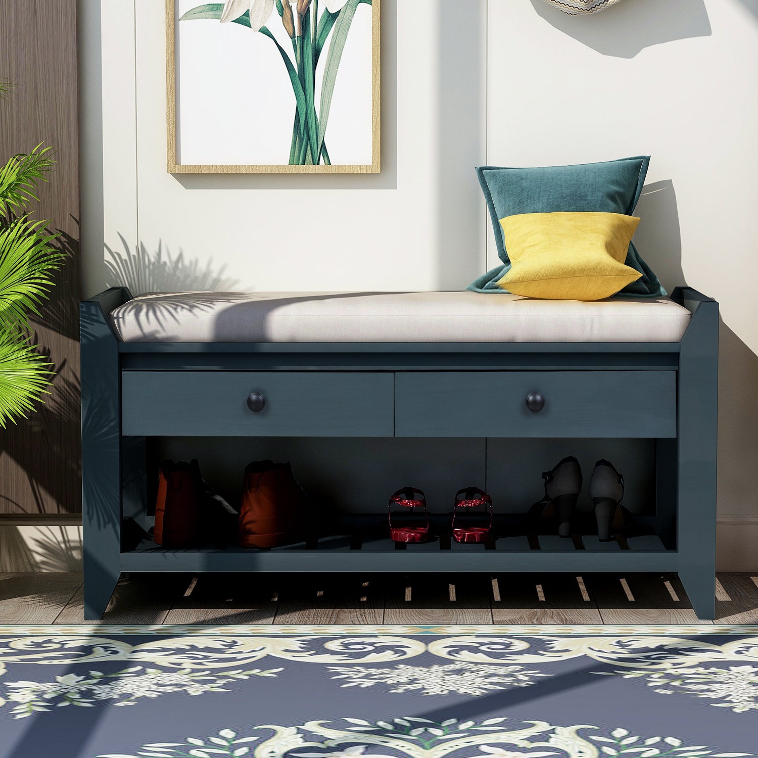 HAOYYE Shoe Rack with Cushioned Seat and Drawers, Multipurpose Entryway Storage Bench, Antique Navy, Sturdy Space-Saving Design, Heavy Duty Construction, Easy Assembly, Durable and Stylish Home Furniture, Versatile for Hallway or Bedroom Use
