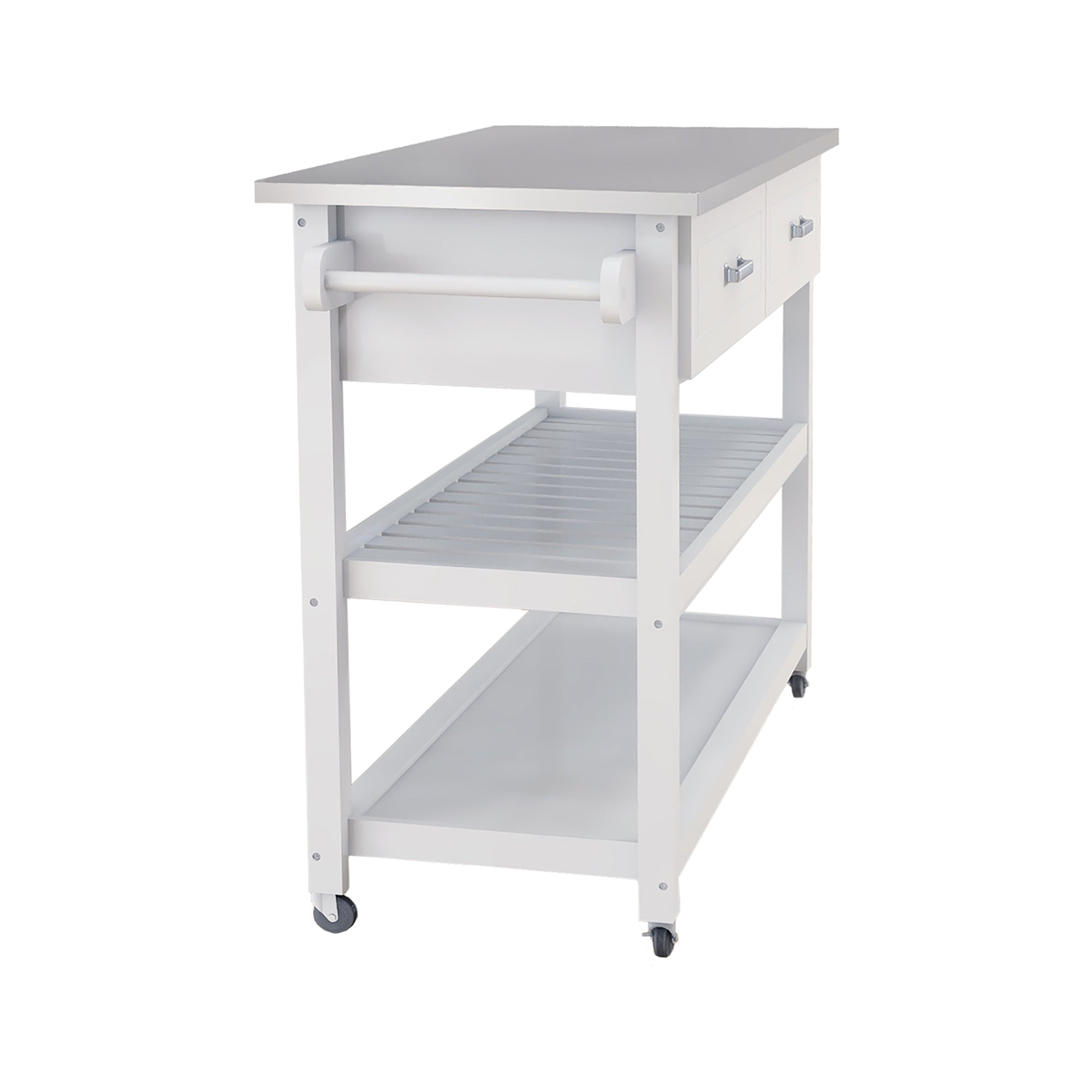 HAOYYE Kitchen Cart with Stainless Steel Tabletop, Two Drawers, and Storage Shelves, White, Sturdy Space-Saving Design, Heavy Duty Construction, Easy Assembly, Durable and Stylish Home Furniture