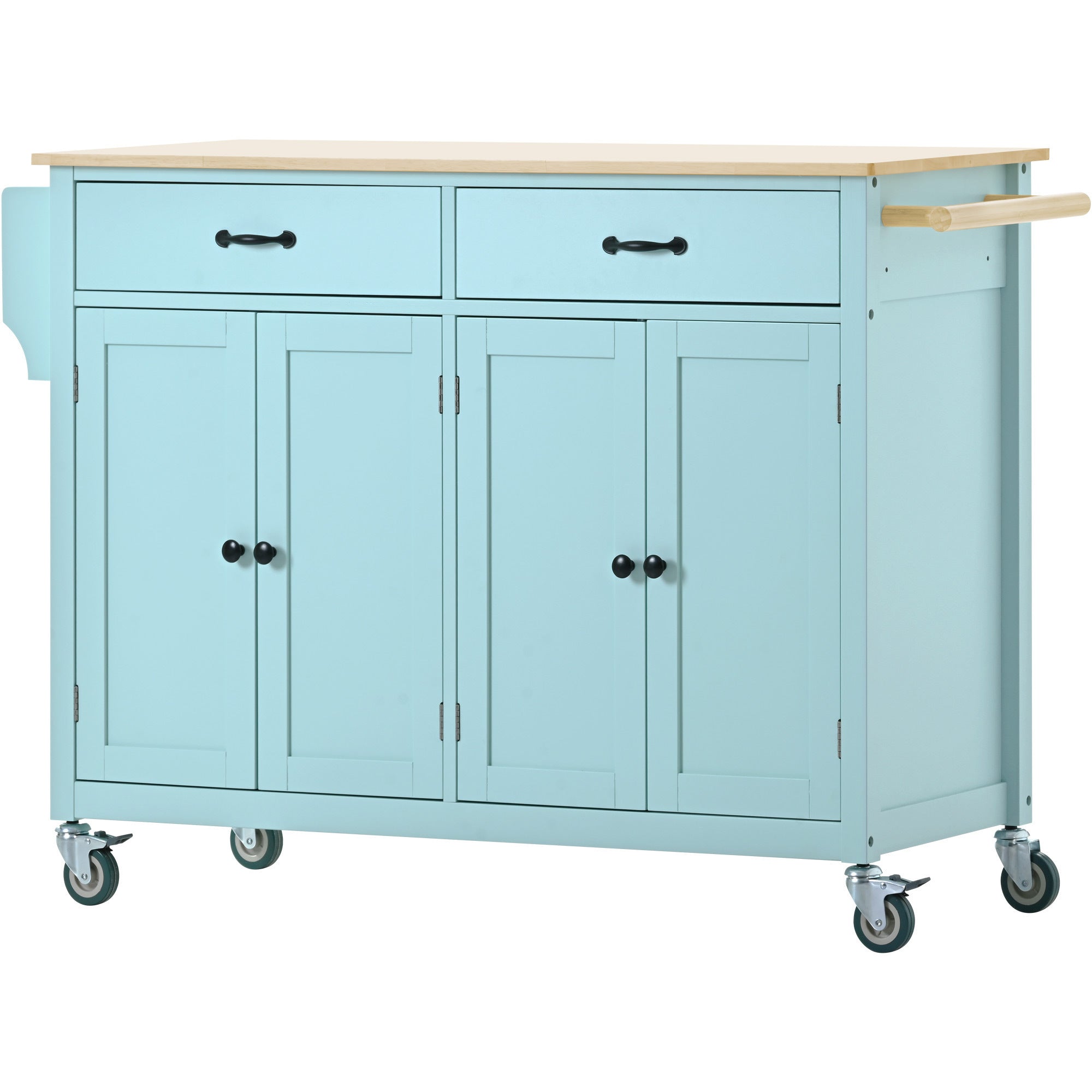 HAOYYE Kitchen Island Cart, Mint Green, with Solid Wood Top, 4-Door Cabinet, 2 Drawers, Adjustable Shelves, Spice Rack, Towel Bar, and 2 Locking Wheels. Modern, Space-Saving, Sturdy Heavy Duty Design for Easy Assembly and Versatile Use