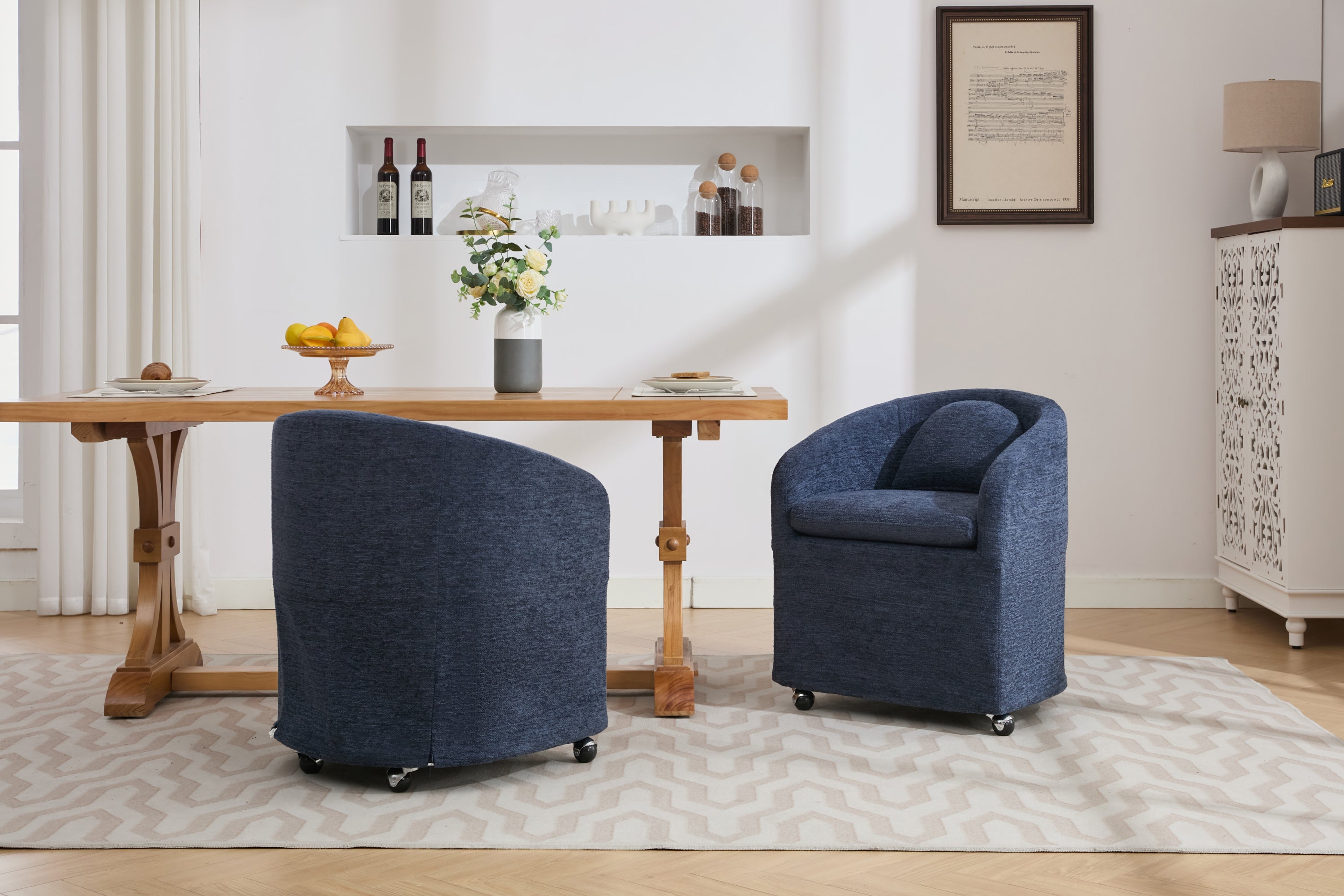 HAOYYE 059-Set of 1 Chenille Fabric Dining Armchair With Back Cushion and Universal Wheels,Blue Sturdy Space-Saving Heavy Duty Modern Design Adults Dorm Room Easy Assembly Bedroom Furniture