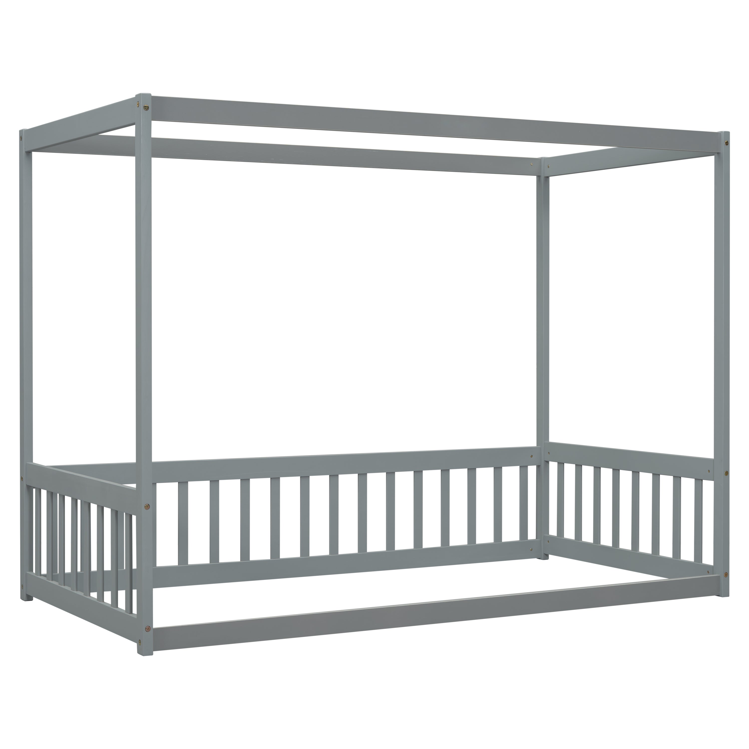 HAOYYE Twin Size Canopy Frame Floor Bed with Fence, Guardrails,Grey Sturdy Space-Saving Heavy Duty Modern Design Adults Dorm Room Easy Assembly Bedroom Furniture