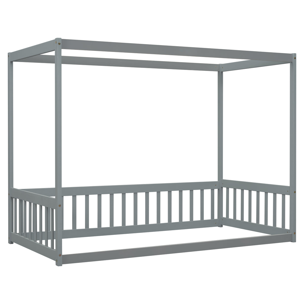 HAOYYE Twin Size Canopy Frame Floor Bed with Fence, Guardrails,Grey Sturdy Space-Saving Heavy Duty Modern Design Adults Dorm Room Easy Assembly Bedroom Furniture