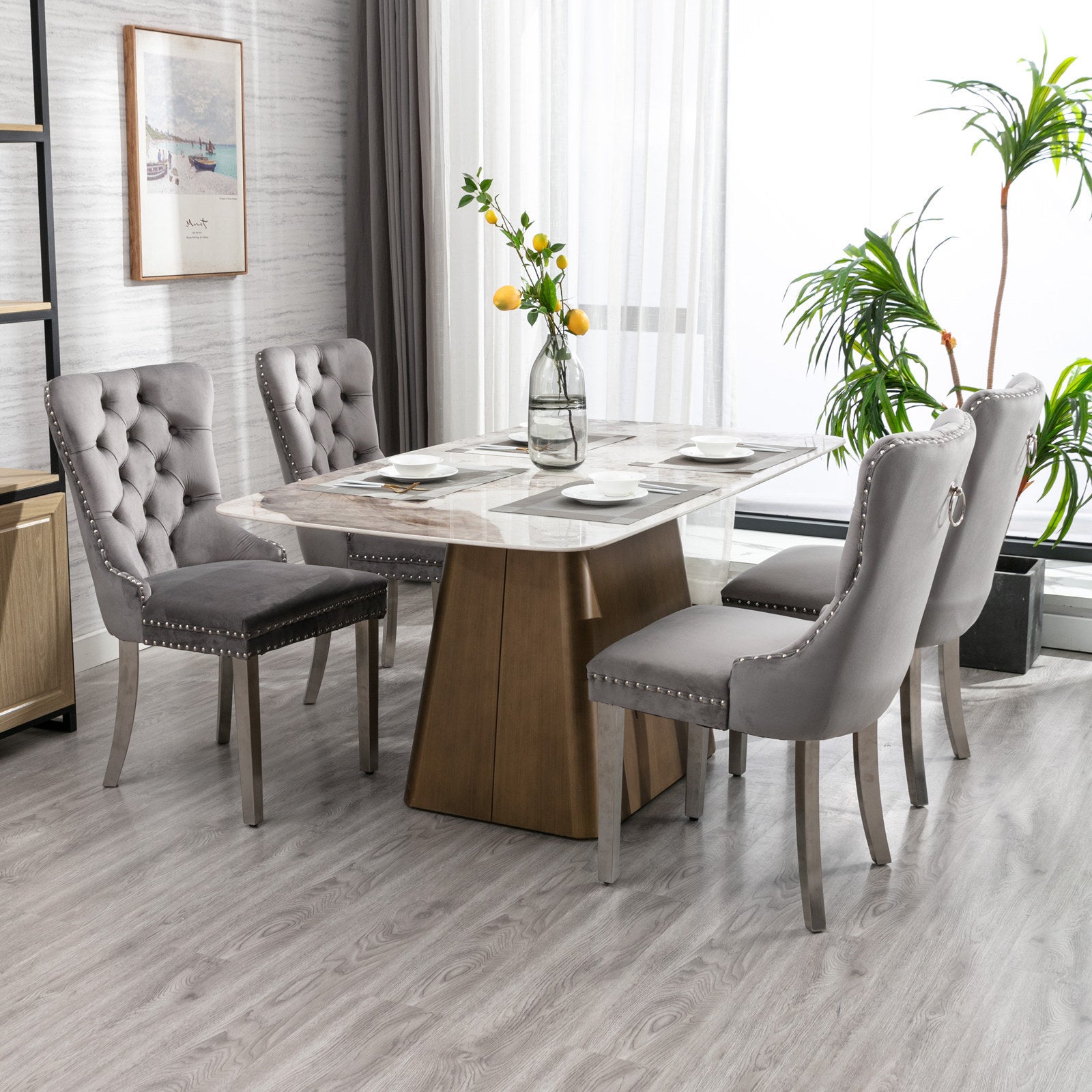 HAOYYE High-end Tufted Solid Wood Contemporary Velvet Upholstered Dining Chair with Chrome Stainless Steel Plating Legs,Nailhead Trim,Set of 2,Gray and Chrome, SW1701GY