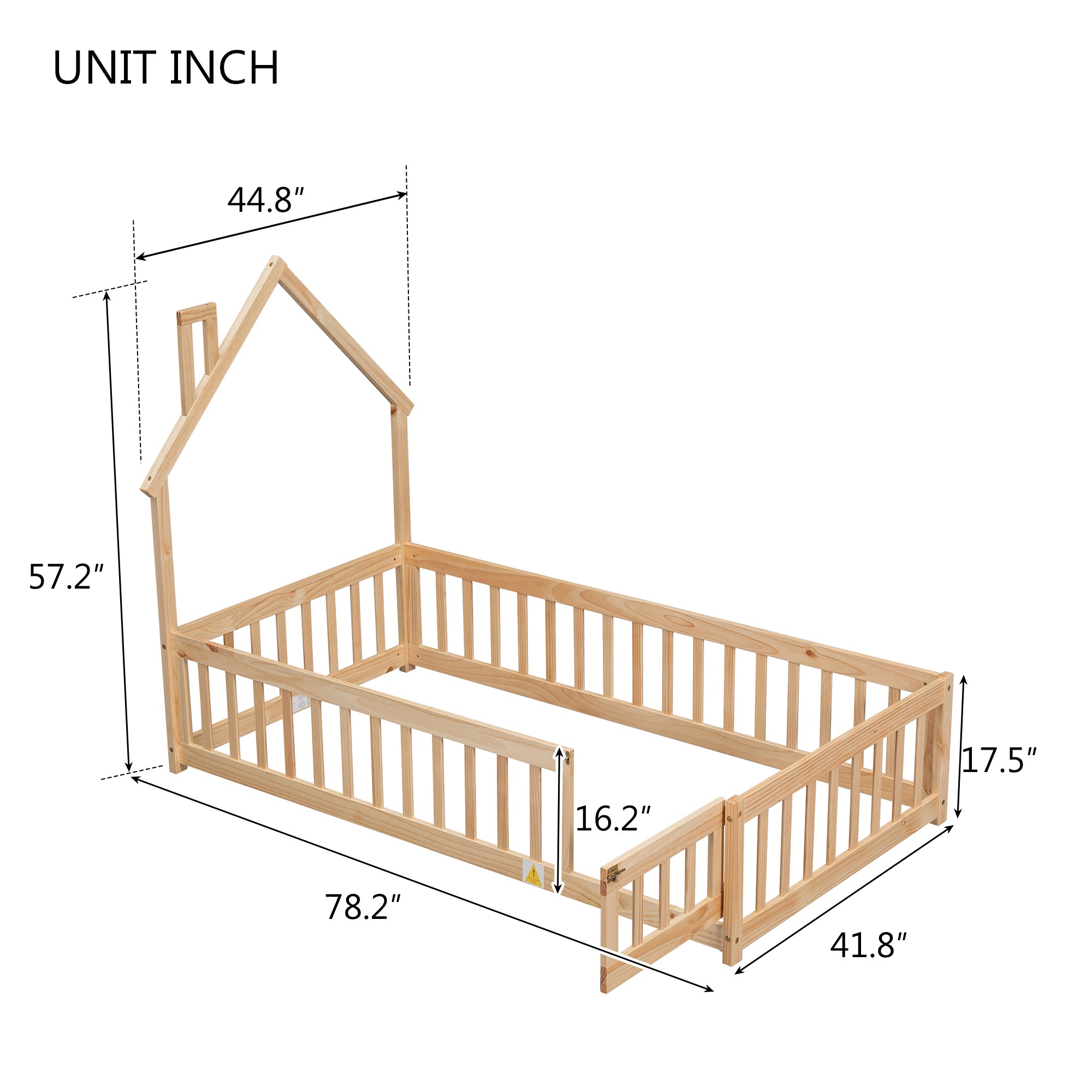 HAOYYE Twin House-Shaped Headboard Floor Bed with Fence ,Natural Sturdy Space-Saving Heavy Duty Modern Design Adults Dorm Room Easy Assembly Bedroom Furniture