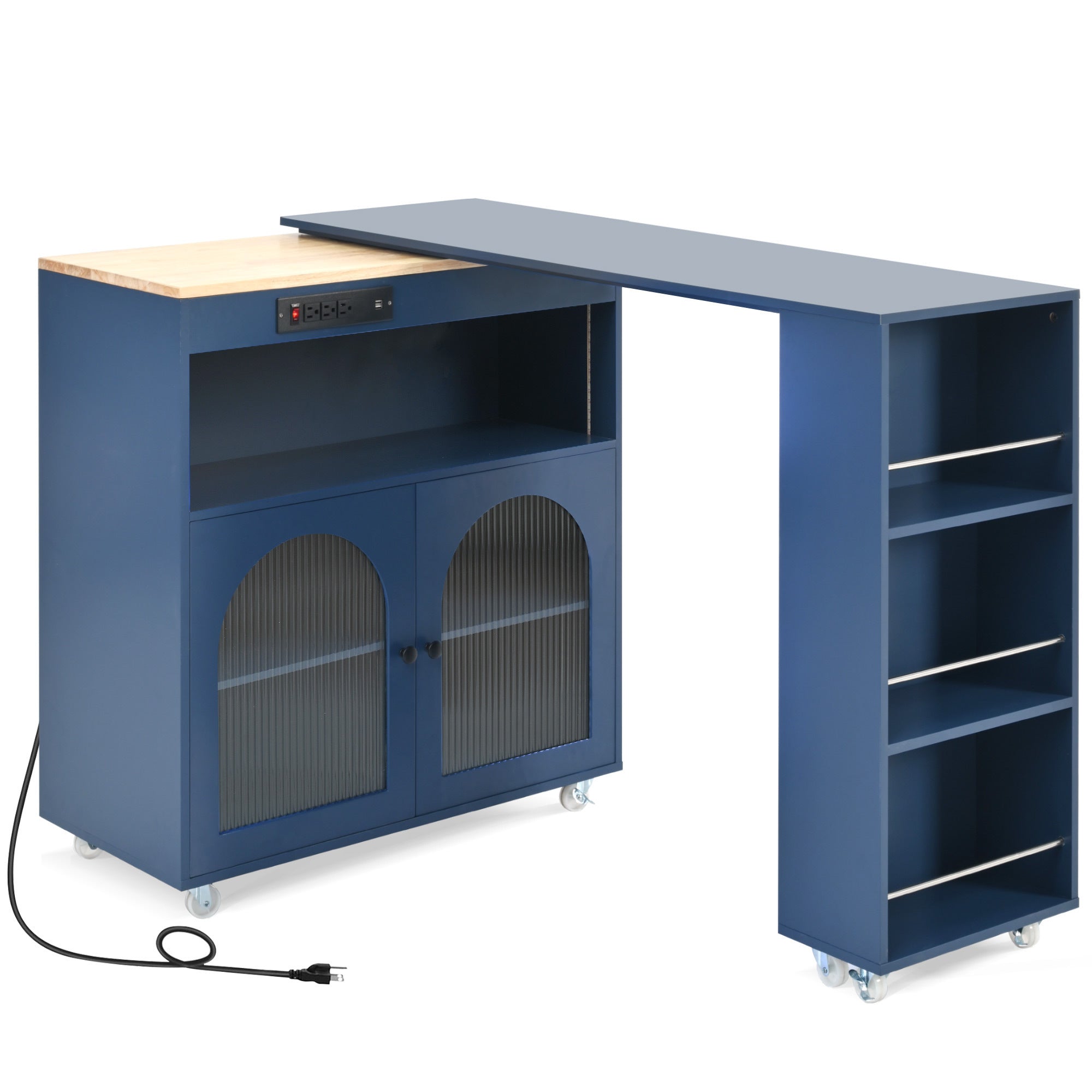 HAOYYE Navy Rolling Kitchen Island With Extended Table, LED Lights, Power Outlets, Fluted Glass Doors, Storage Compartment, and Open Shelves, Sturdy Space-Saving Design, Easy Assembly