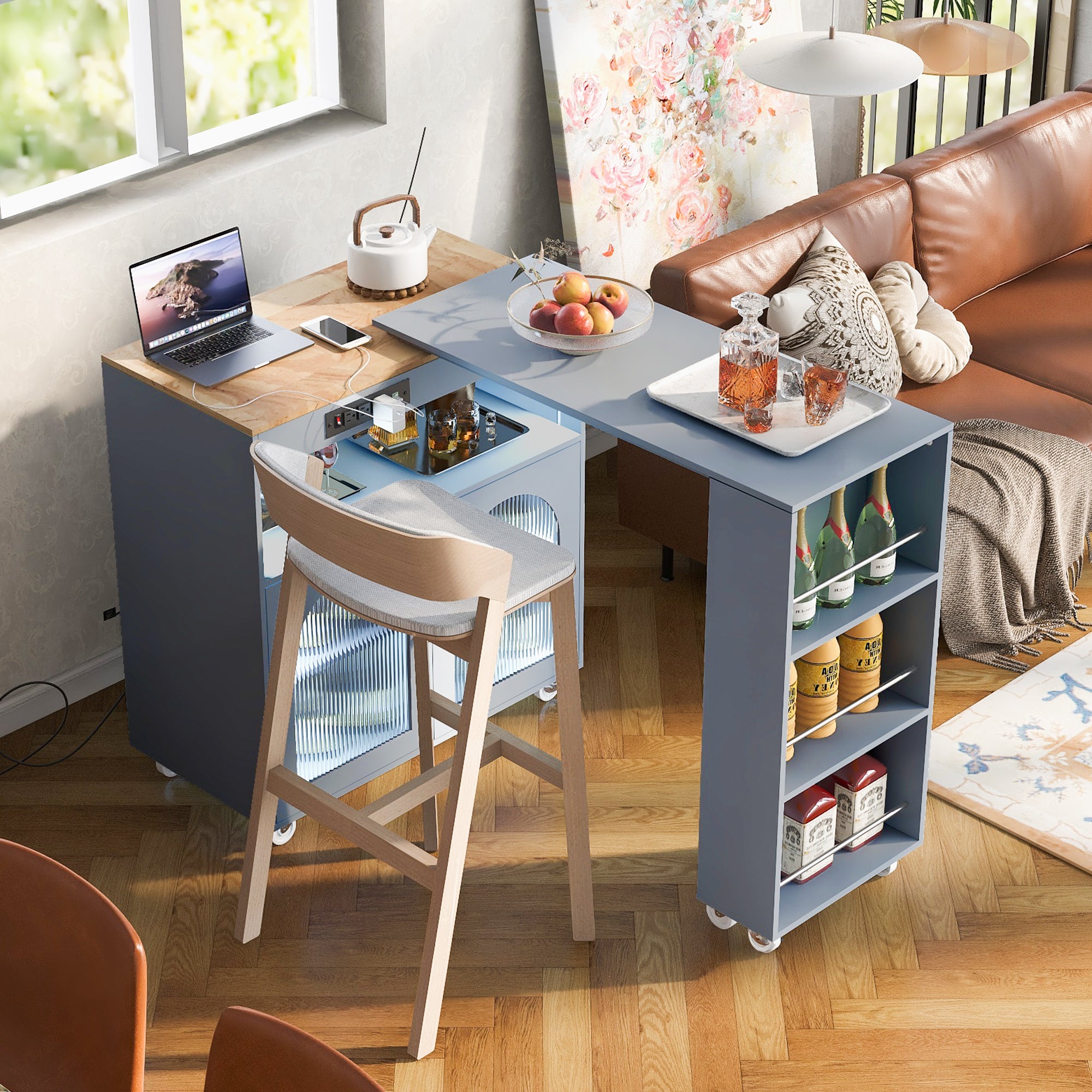 HAOYYE K&K Rolling Kitchen Island With Extended Table, Kitchen Island on Wheels with LED Lights,Power Outlets and 2 Fluted Glass Doors, Kitchen Island with a Storage Compartment and Side 3 Open Shelves, Grey