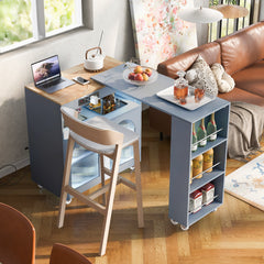 HAOYYE K&K Rolling Kitchen Island With Extended Table, Kitchen Island on Wheels with LED Lights,Power Outlets and 2 Fluted Glass Doors, Kitchen Island with a Storage Compartment and Side 3 Open Shelves, Grey