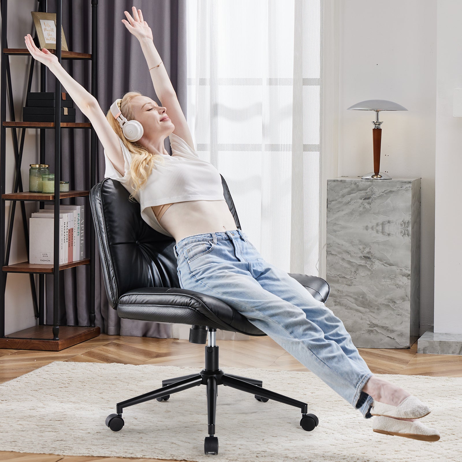 HAOYYE Criss Cross Legged Chair, Armless Office Desk Wide Seat Wheels, Swivel Height Adjustable Comfy Sturdy Space-Saving Heavy Duty Modern Design Adults Dorm Room Easy Assembly Bedroom Furniture