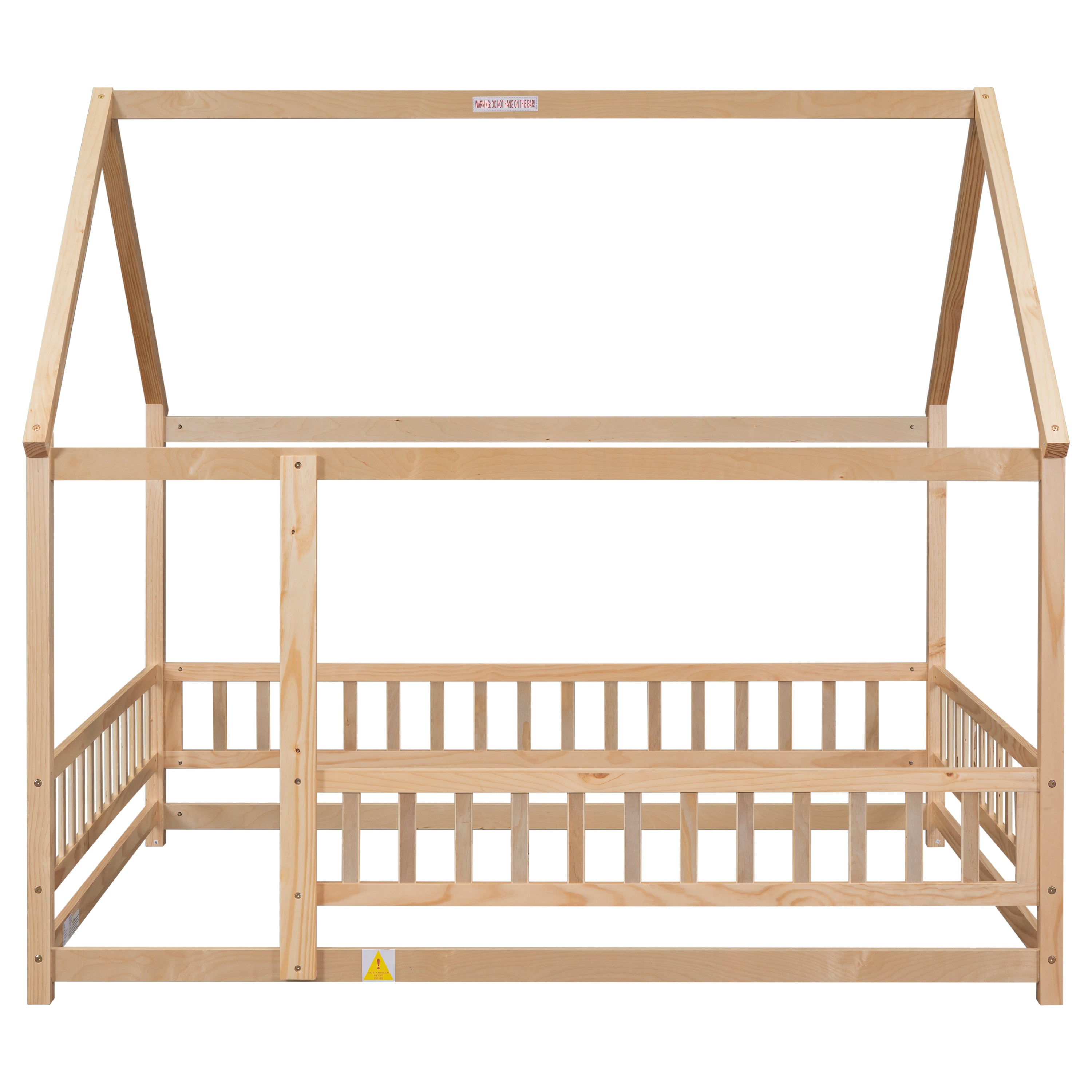 HAOYYE Full Size Floor Wooden Bed with House Roof Frame, Fence Guardrails ,Nartural Sturdy Space-Saving Heavy Duty Modern Design Adults Dorm Room Easy Assembly Bedroom Furniture