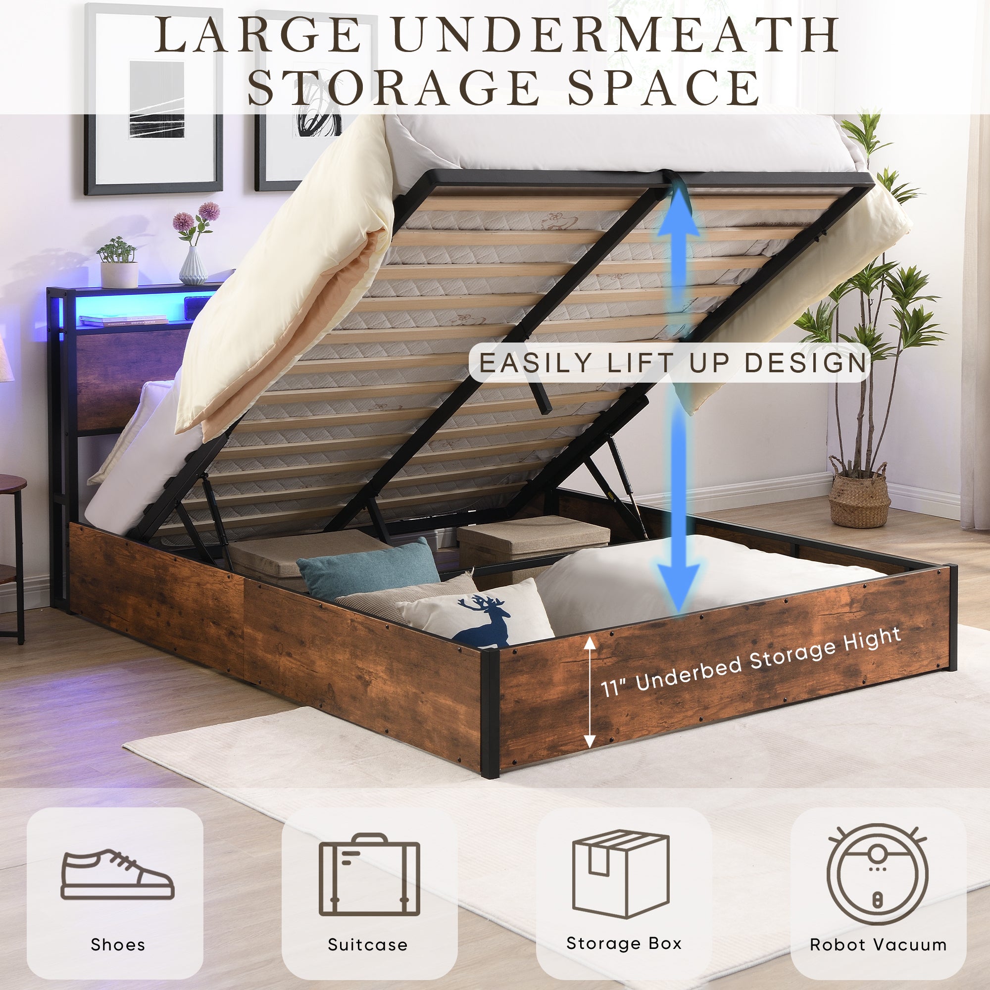 HAOYYE Lift-up Storage Bed Frame, Queen Size Bed Frame with Bookcase Headboard & LED Lights, Wooden Platform Bed Frame with Charging Station, No Spring Box Needed, Rustic Brown Sturdy Space-Saving Heavy Duty