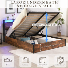 HAOYYE Lift-up Storage Bed Frame, Full Size Bed Frame with Bookcase Headboard & LED Lights, Wooden Platform Bed Frame with Charging Station, No Spring Box Needed, Rustic Brown Sturdy Space-Saving Heavy Duty
