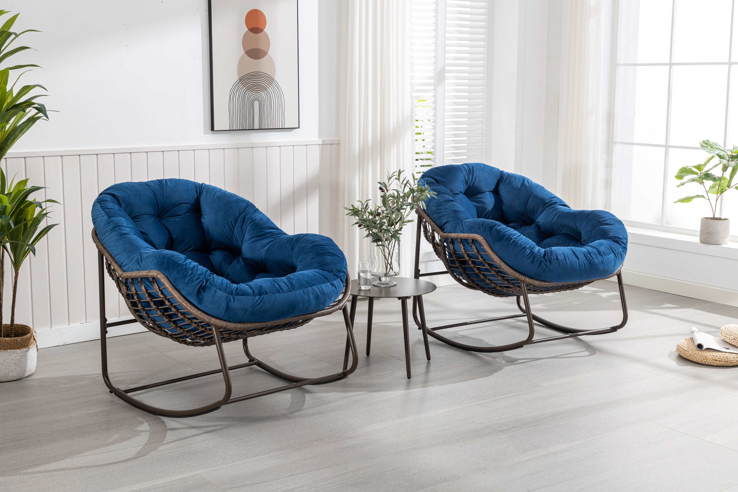 HAOYYE Outdoor Rattan Rocking Chair,Padded Cushion Rocker Recliner Chair Outdoor for Front Porch, Living Room, Patio, Garden, Navy Blue Sturdy Space-Saving Heavy Duty Modern Design Adults Dorm Room