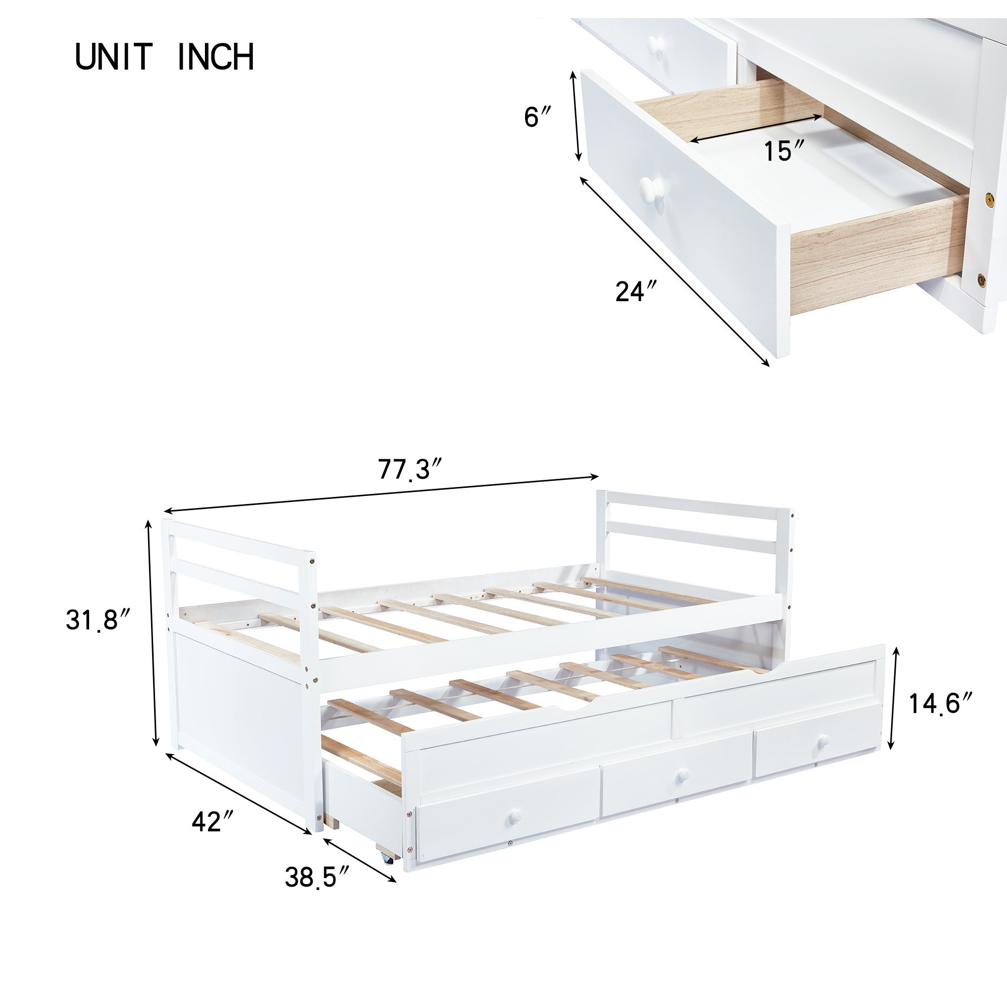 HAOYYE Twin Bed with Headboard, Footboard, Trundle and Storage Drawers, Pine Wood Twin Size Bed, White, Sturdy Space-Saving Heavy Duty Construction, Ideal for Adults and Dorm Rooms