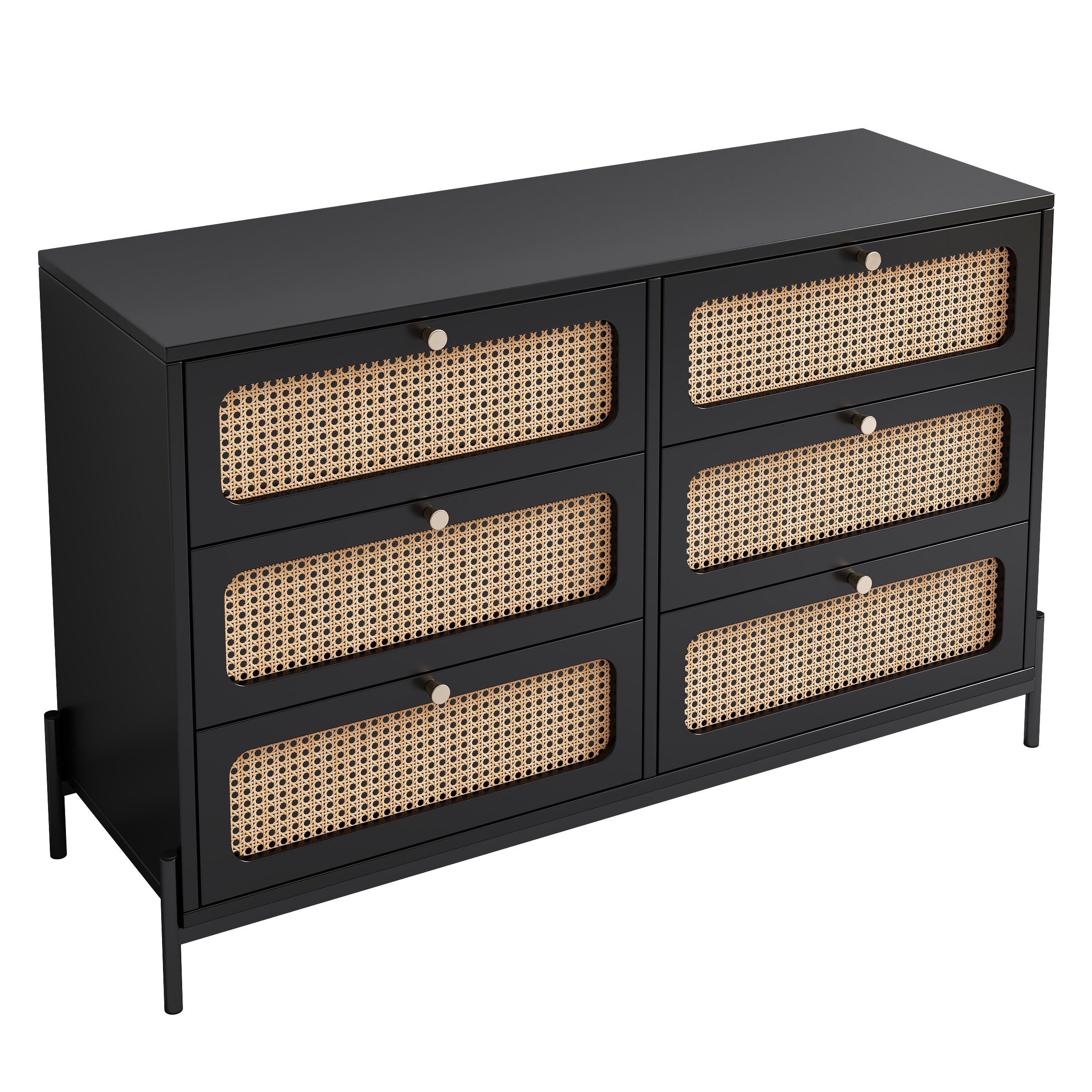 HAOYYE Modern Rattan Wood 6-Drawer Dresser, Storage Cabinet With Cannage Design, Versatile Sideboard For Bedroom, Living Room, Entryway, Or Hallway, Black, Sturdy Space-Saving Heavy Duty Design