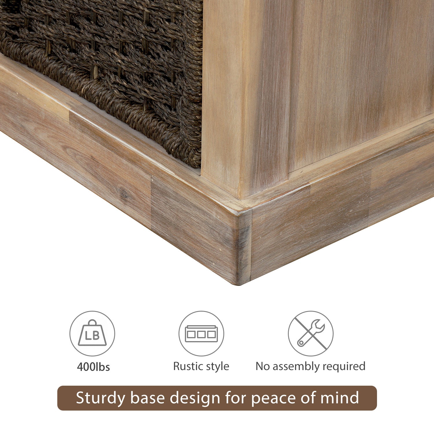 HAOYYE Rustic Storage Bench with 3 Removable Classic Rattan Basket , Entryway Bench with Removable Cushion (White Washed) Sturdy Space-Saving Heavy Duty Modern Design Easy Assembly Durable Stylish