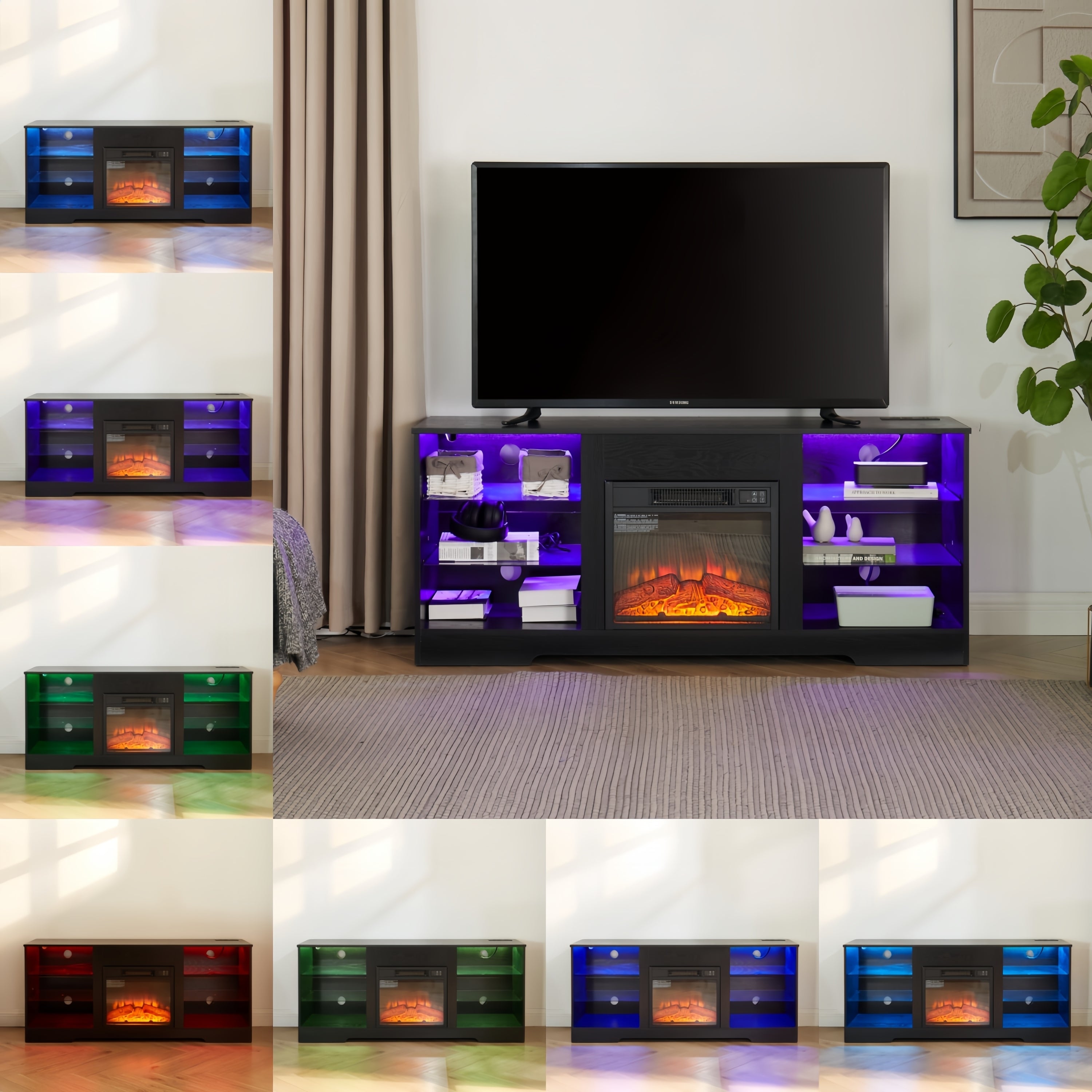 HAOYYE Modern TV Stand With Electric Fireplace, Glass Shelves, 3D Wood Design, LED Lights, And USB Charging Outlet – Entertainment Console Table For TVs From 32 To 62 Inch, Sturdy, Space-Saving Heavy Duty Media Center In Black