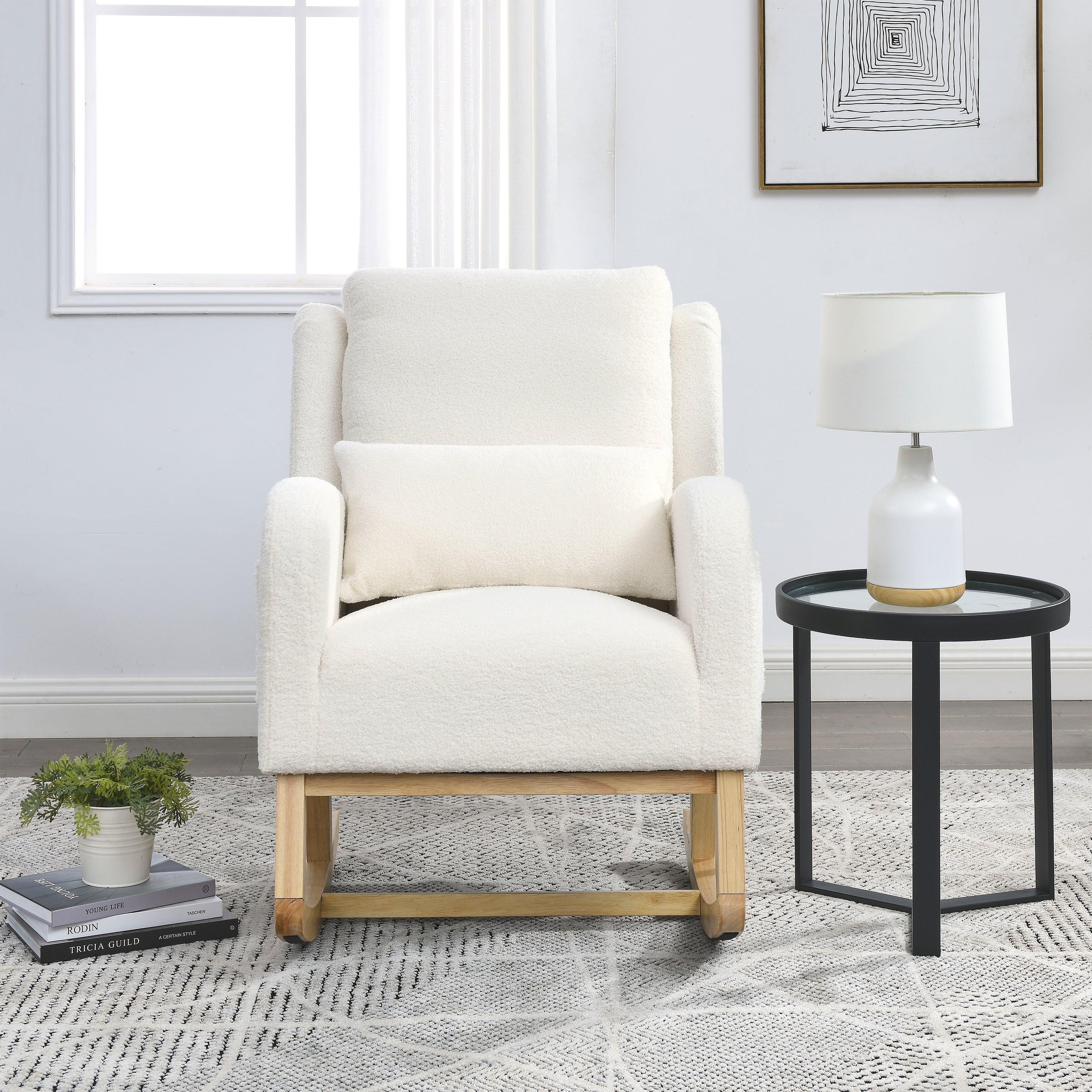 HAOYYE 27.5 "W Modern Accent High Back Living Room Casual Armchair Rocker with One Lumbar Pillow, Two Side Pockets,Teddy White (Ivory) Sturdy Space-Saving Heavy Duty Modern Design Adults
