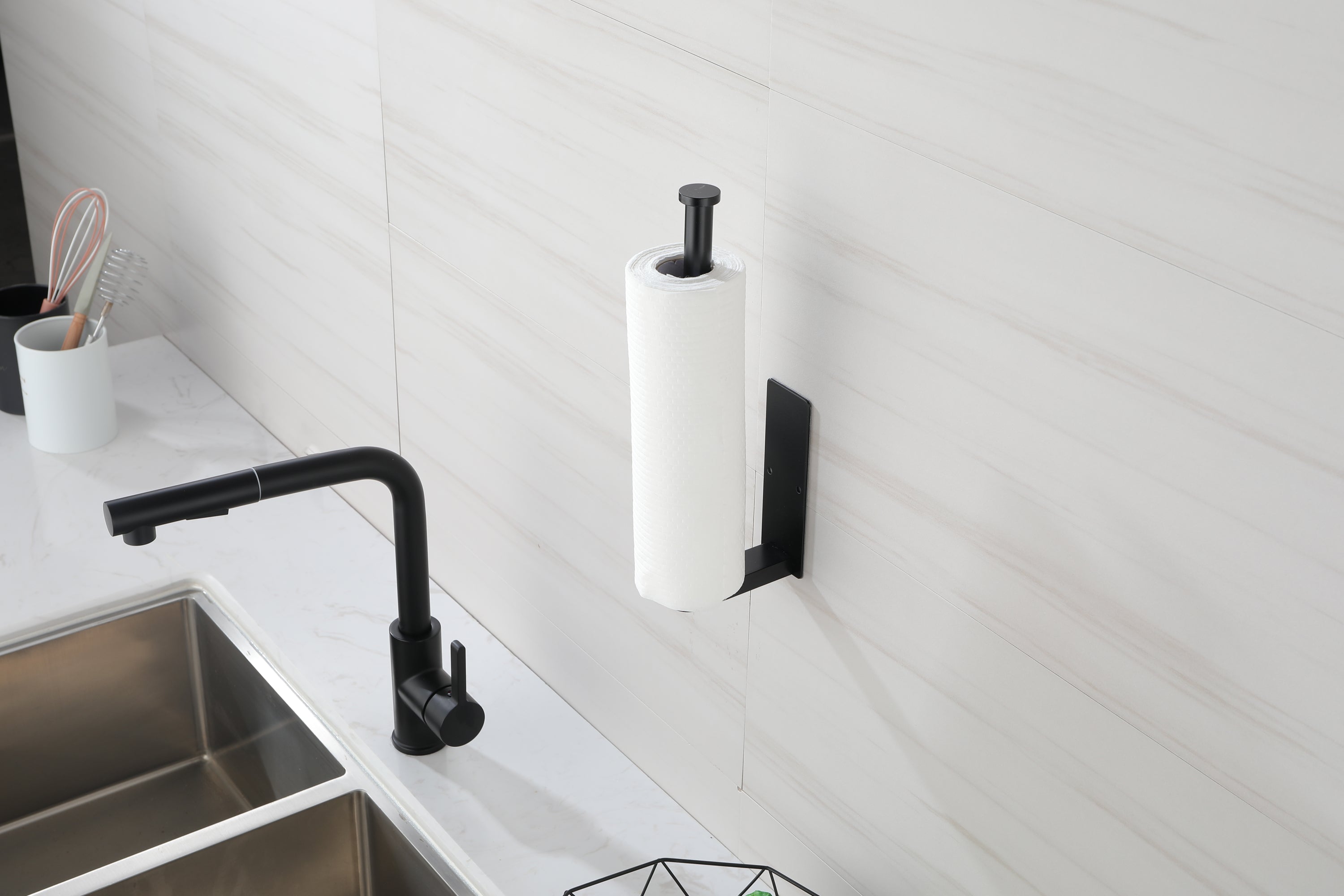 HAOYYE 2 Pack Paper Towel Holder Wall Mount, Black Paper Towel Holder Under Cabinet, Self Adhesive Paper Towel Holders, Kitchen Towel Holder for Kitchen Organization and Storage (12inch, 2 Pack) Sturdy