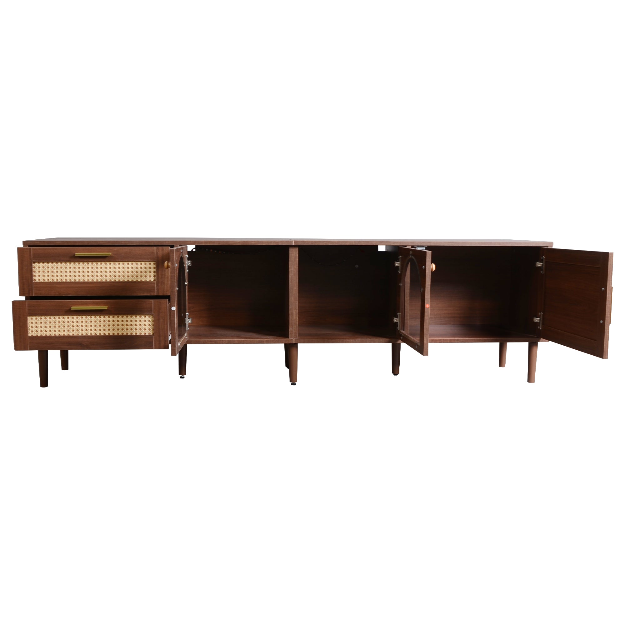 HAOYYE Rattan TV Stand with 3 Cabinets & 2 Drawers, Rattan-Inspired Media Console Table for TVs up to 80", LED Light Entertainment Center, TV Cabinet for Living Room, Bedroom, Home Theater, Sturdy Heavy Duty Construction