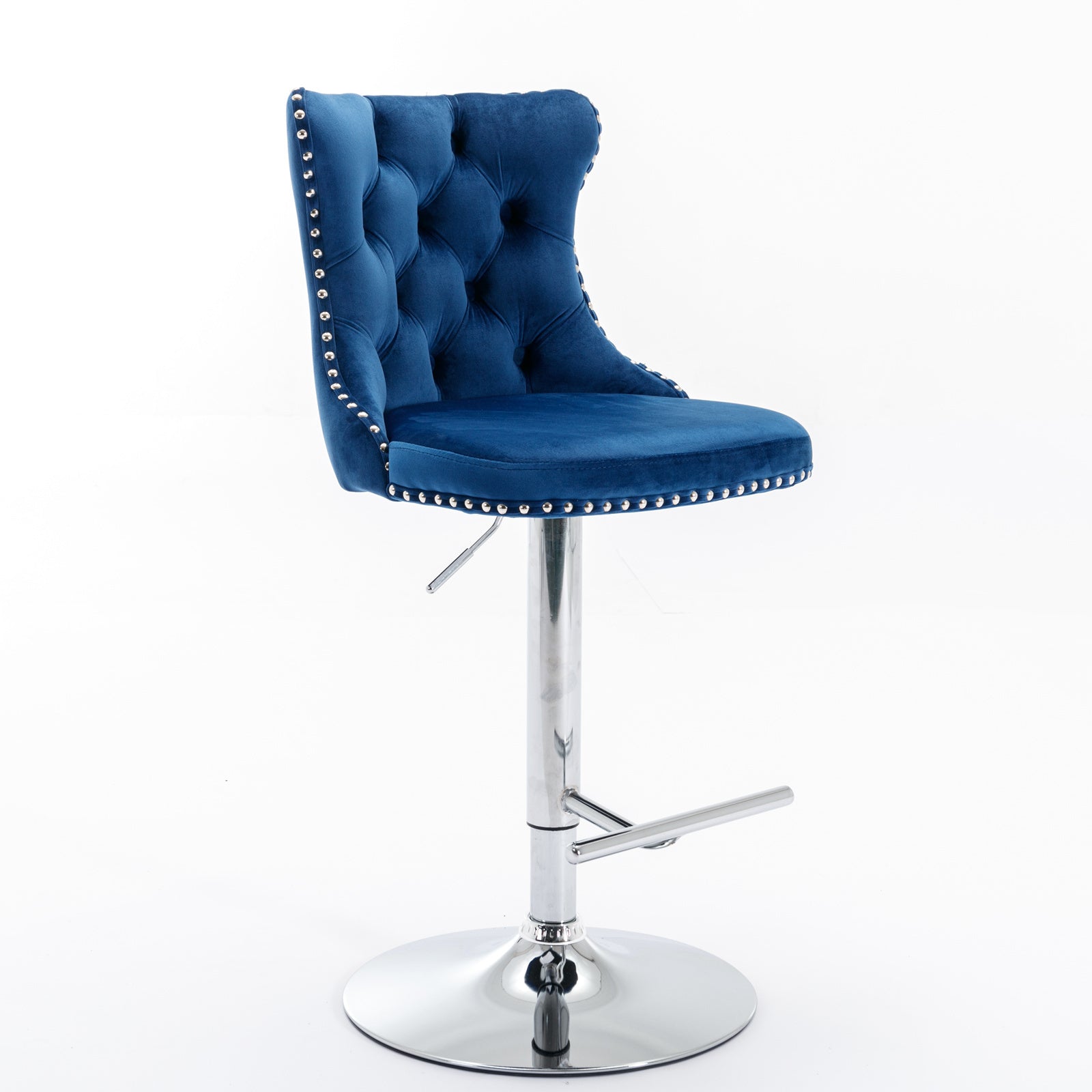 HAOYYE Swivel Velvet Barstools with Adjustable Seat Height, Modern Upholstered Bar Stools with Chrome Base and Comfortable Tufted Back for Kitchen Island and Home Pub, Set of Two, Blue