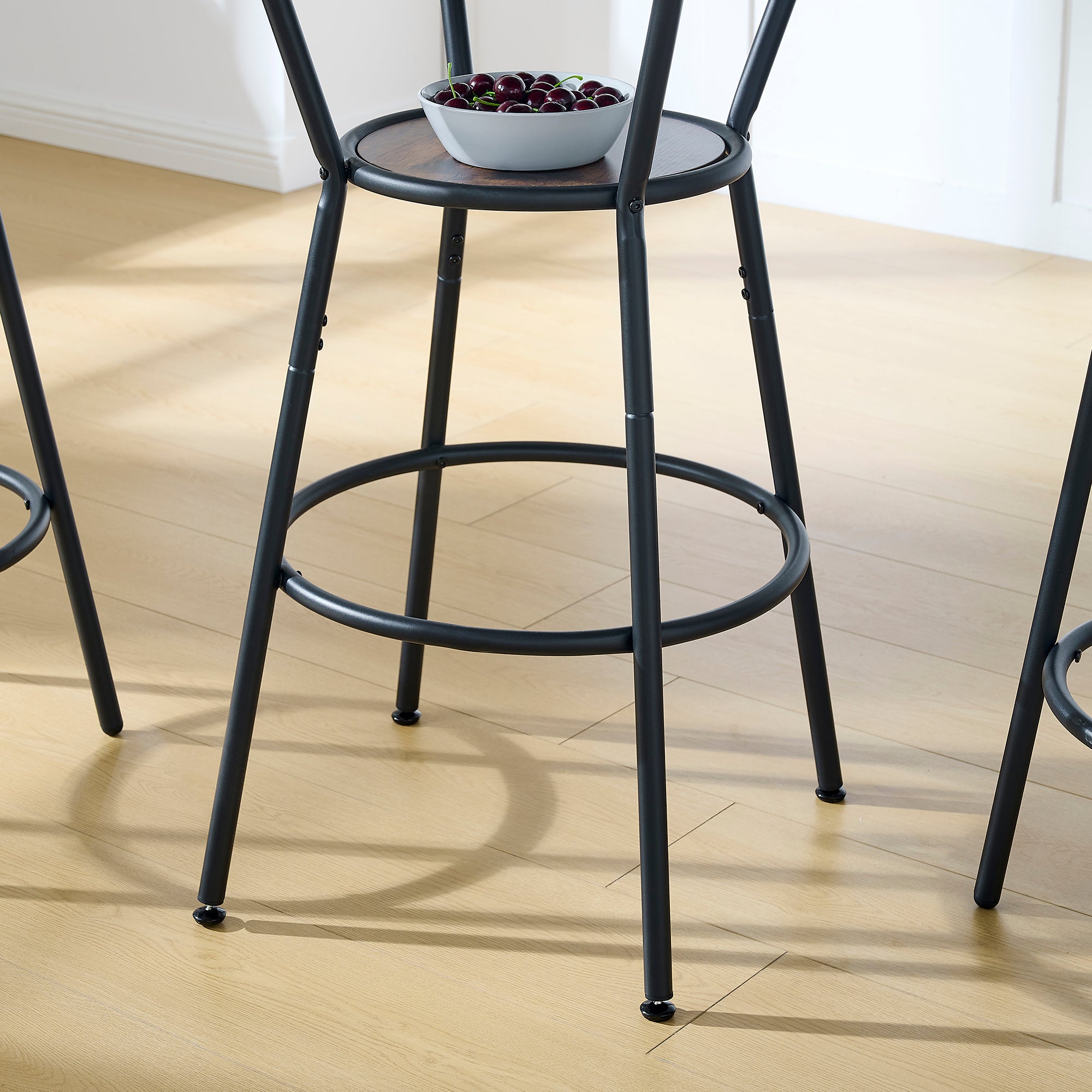 HAOYYE Round bar table and stool set with shelf, upholstered stool with backrest, Rustic Brown, 24.17"W x 24.17"D x 36.02"H Sturdy Space-Saving Heavy Duty Modern Design Adults Dorm Room Easy Assembly