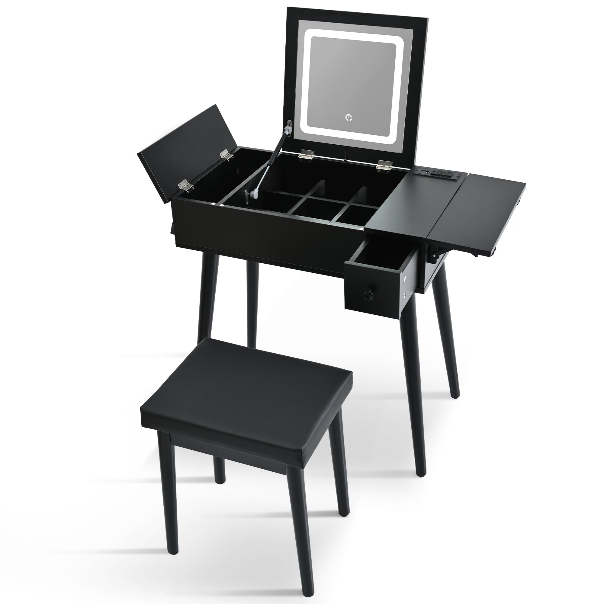 HAOYYE 27.9'' Black Makeup Vanity Desk with Flip Top Mirror and LED Light, Dressing Table with Charging Station, 2 Drawers and Fold-up Panel, Vanity Set with Cushioned Stool for Bedroom