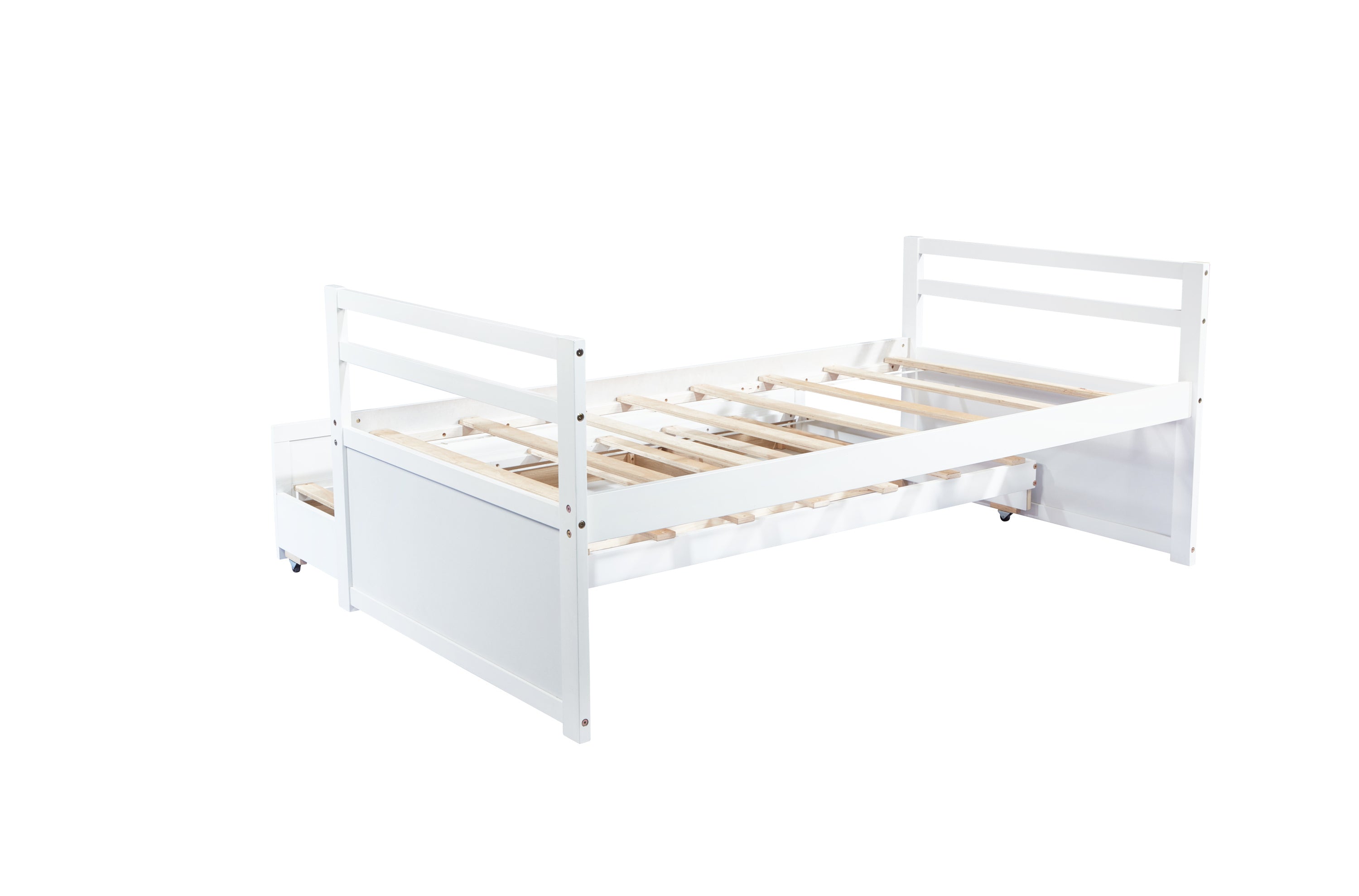 HAOYYE Twin Bed with Headboard, Footboard, Trundle and Storage Drawers, Pine Wood Twin Size Bed, White, Sturdy Space-Saving Heavy Duty Construction, Ideal for Adults and Dorm Rooms