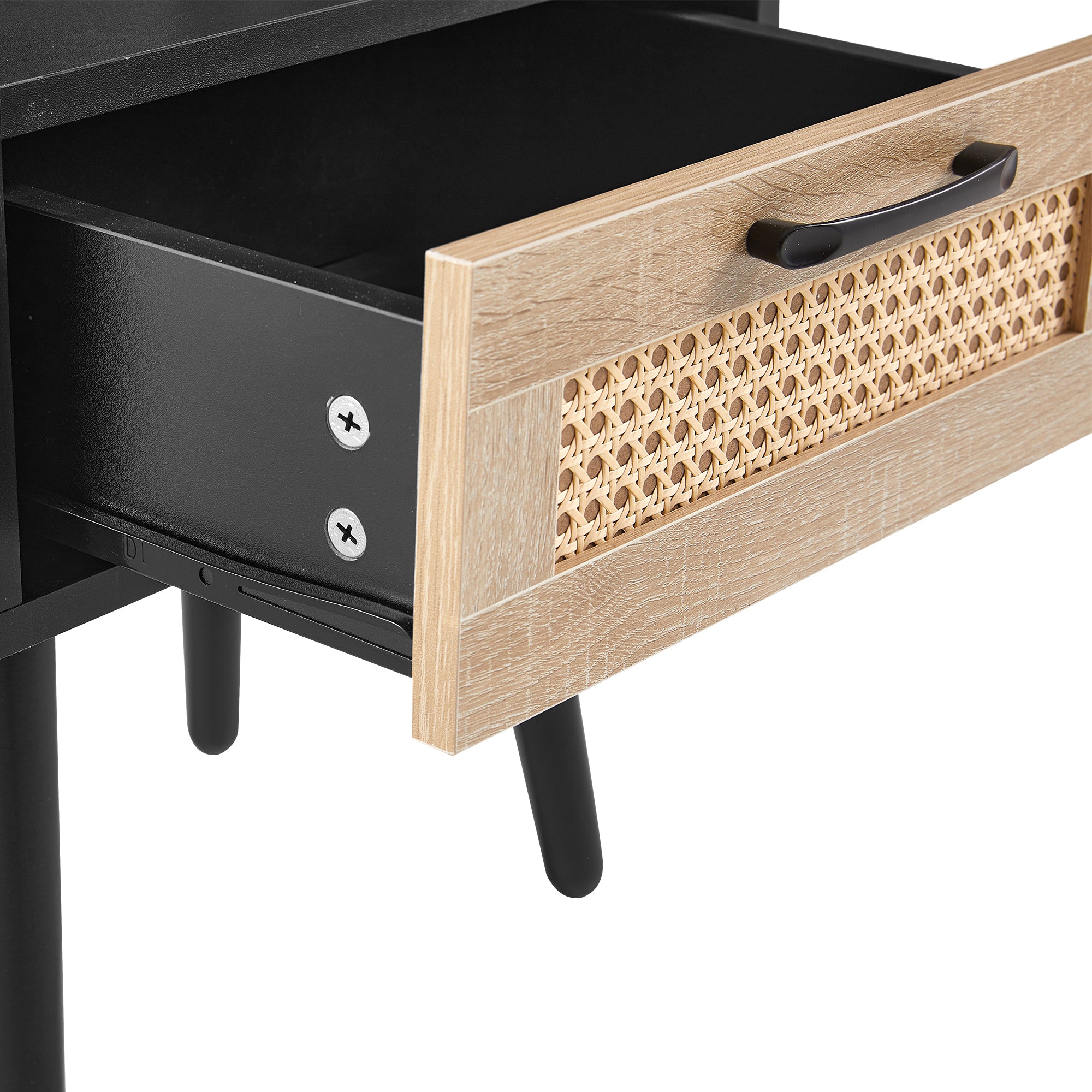 HAOYYE Rattan End Table with Drawer and Solid Wood Legs, Modern Nightstand, Side Table for Living Room, Bedroom, Black, Sturdy and Space-Saving Design, Heavy Duty Construction, Easy Assembly for Adults and Dorm Rooms