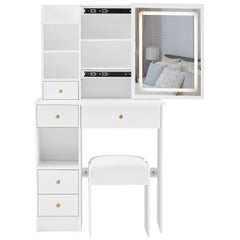 HAOYYE Small Left Drawer Desktop Vanity Table with Cushioned Stool, Touch Control Sliding LED Mirror, Tri-Color Lighting, Brightness Adjustment, Multi-Layer Storage, Ideal for Small Spaces