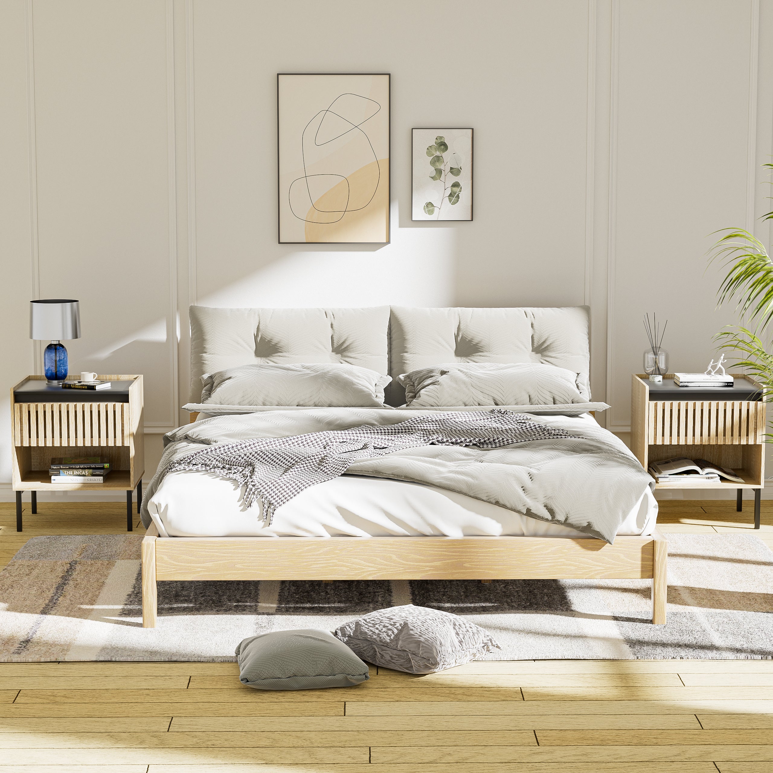 HAOYYE Set of 2 Bedside Cabinets, Modern Nightstands, Quick Assembly, Minimalist Iron Legs, Vertical Stripe Design, Sturdy Space-Saving Heavy Duty Construction, Ideal for Contemporary Homes