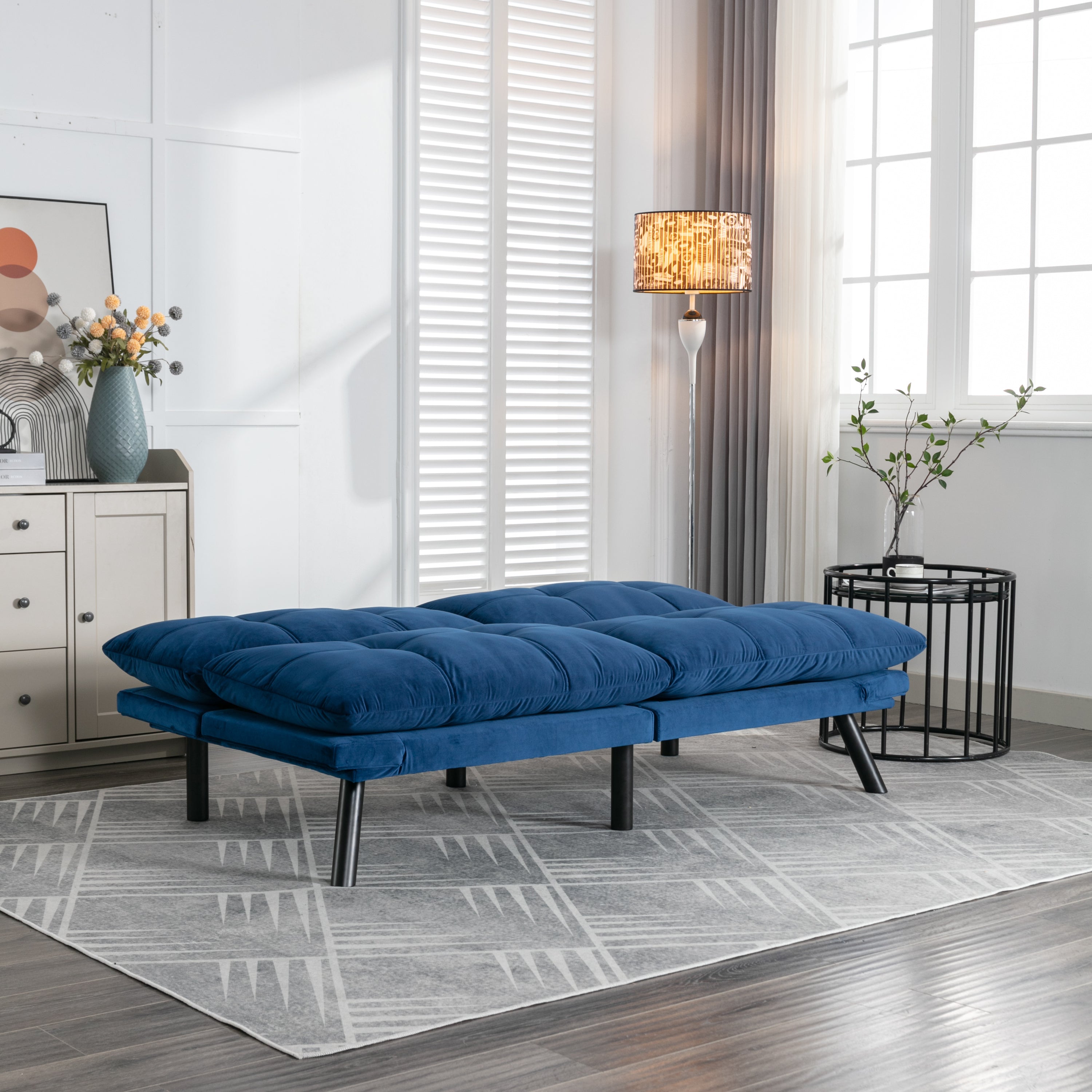 HAOYYE Navy Blue Convertible Folding Modern Sofa Bed Sturdy Space-Saving Heavy Duty Modern Design for Adults Dorm Room Easy Assembly Bedroom Furniture