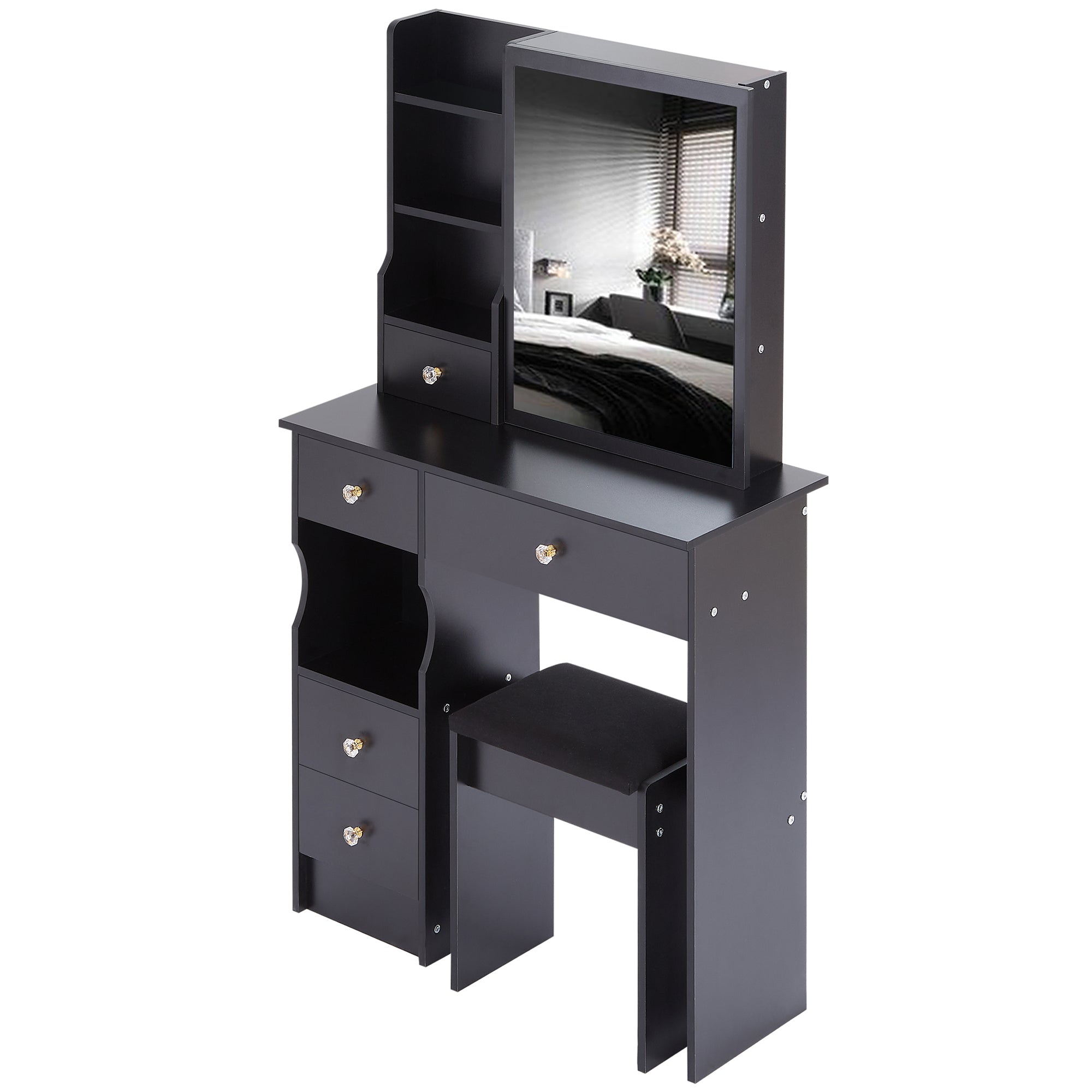 HAOYYE Small Size Left Drawer Desktop Vanity Table + Cushioned Stool, Extra Large Sliding Mirror, Multi Layer, High Capacity Storage Fashionable Dresser, Suitable for Small Space, EPA,GCC,UL Certificate