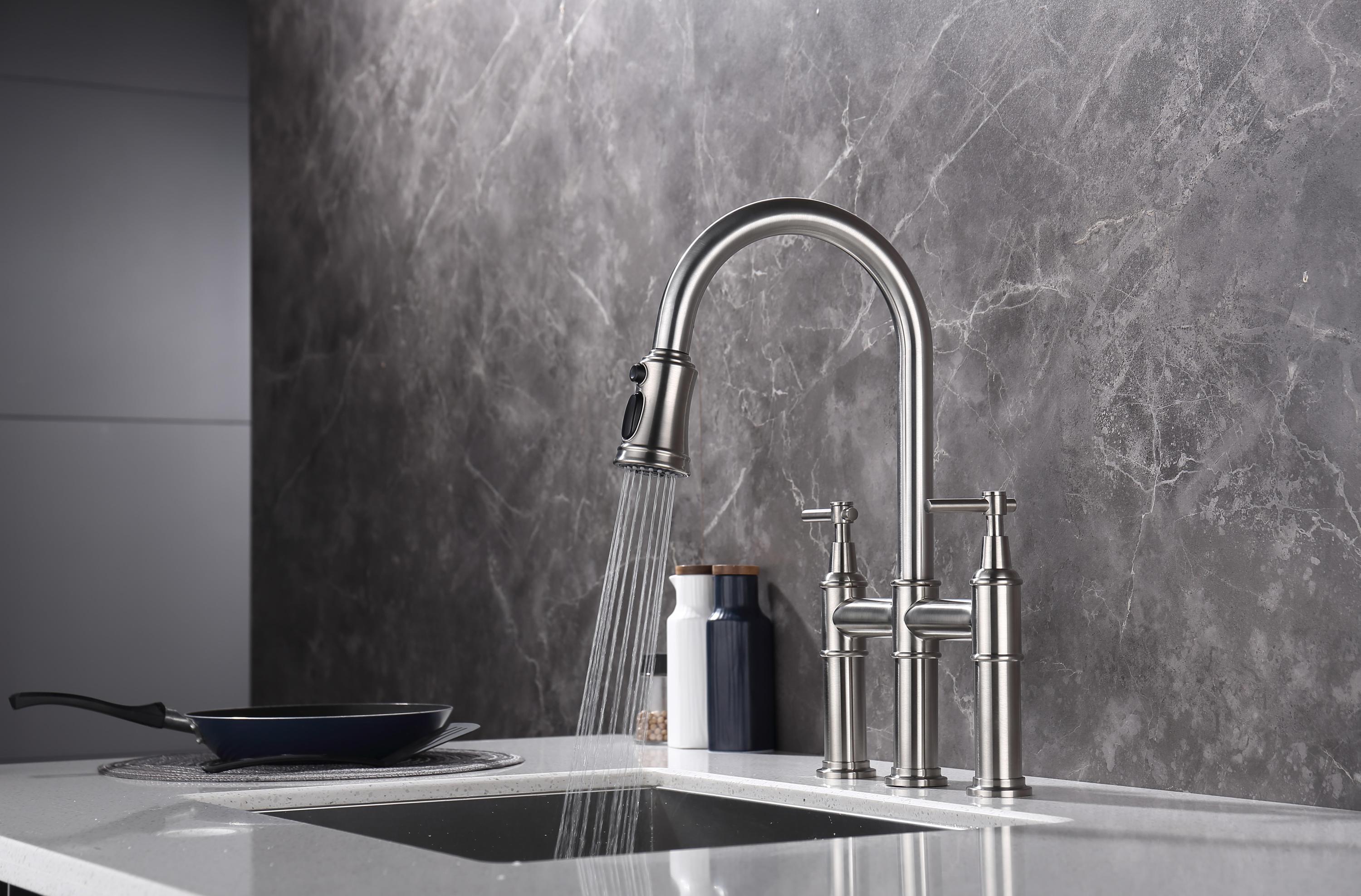 HAOYYE Bridge Kitchen Faucet with Pull-Down Sprayhead in Spot Sturdy Space-Saving Heavy Duty Modern Design Adults Dorm Room Easy Assembly Bedroom Furniture