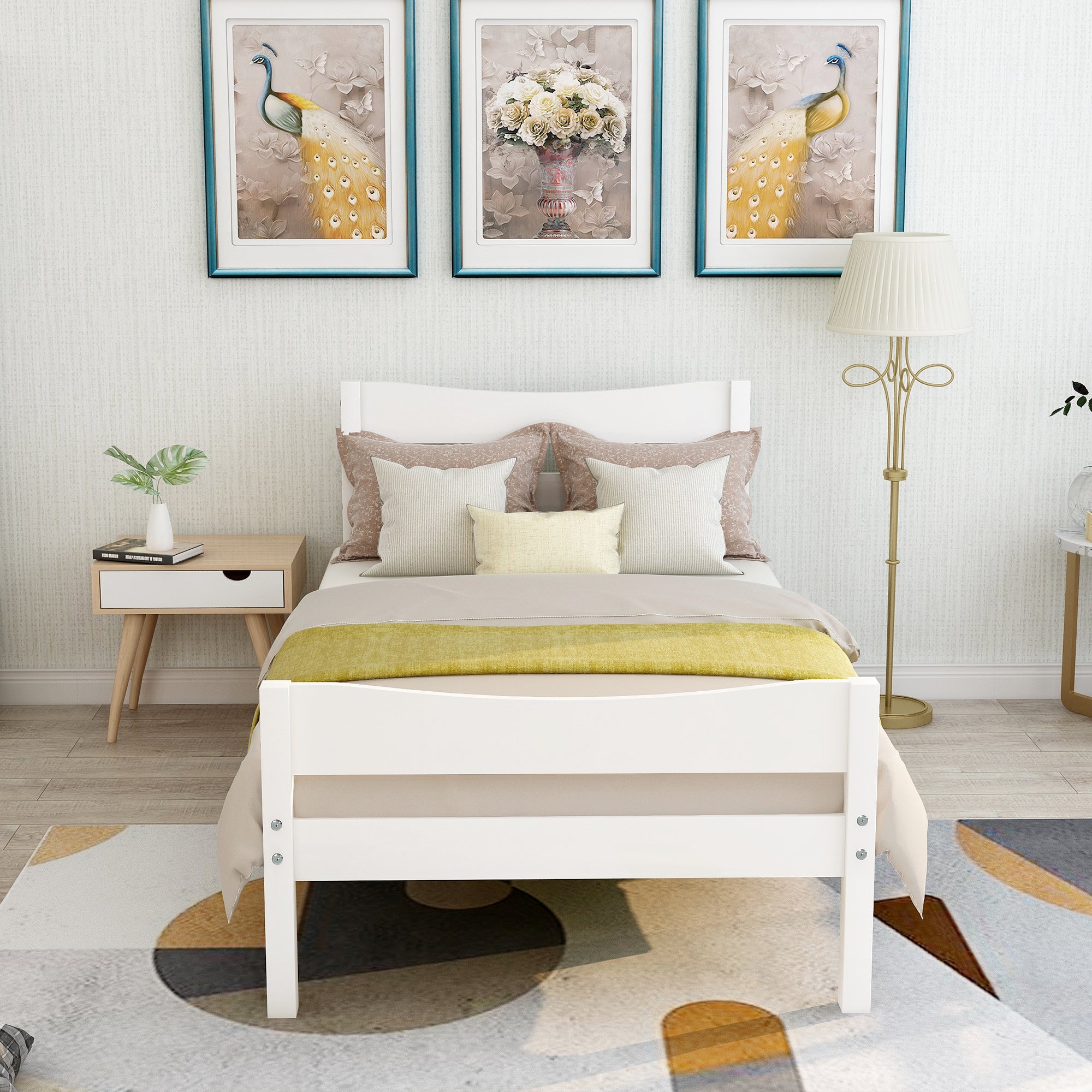 HAOYYE Twin Size Wood Platform Bed with Headboard and Wooden Slat Support (White) Sturdy Space-Saving Heavy Duty Modern Design Easy Assembly Durable Stylish Home Furniture