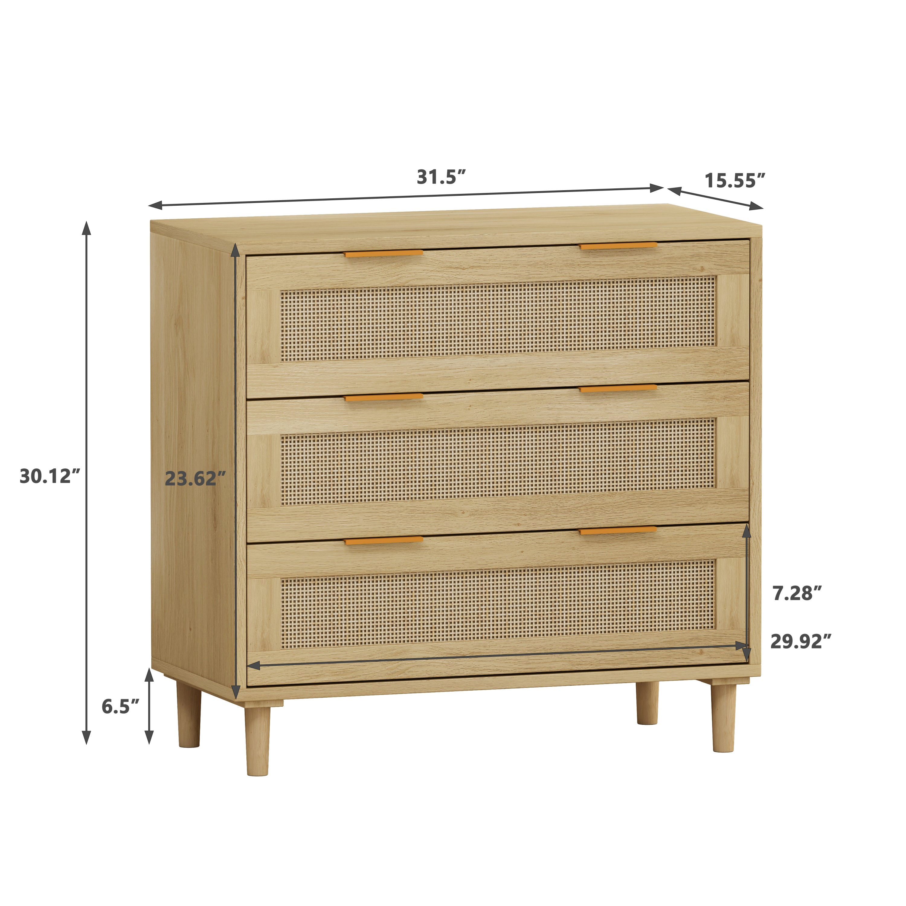 HAOYYE 31.50-Inch 3-Drawer Rattan Storage Cabinet for Bedroom, Living Room, Dining Room, and Hallways, Oak Finish, Sturdy Space-Saving Heavy Duty Modern Design, Easy Assembly for Adults and Dorm Rooms