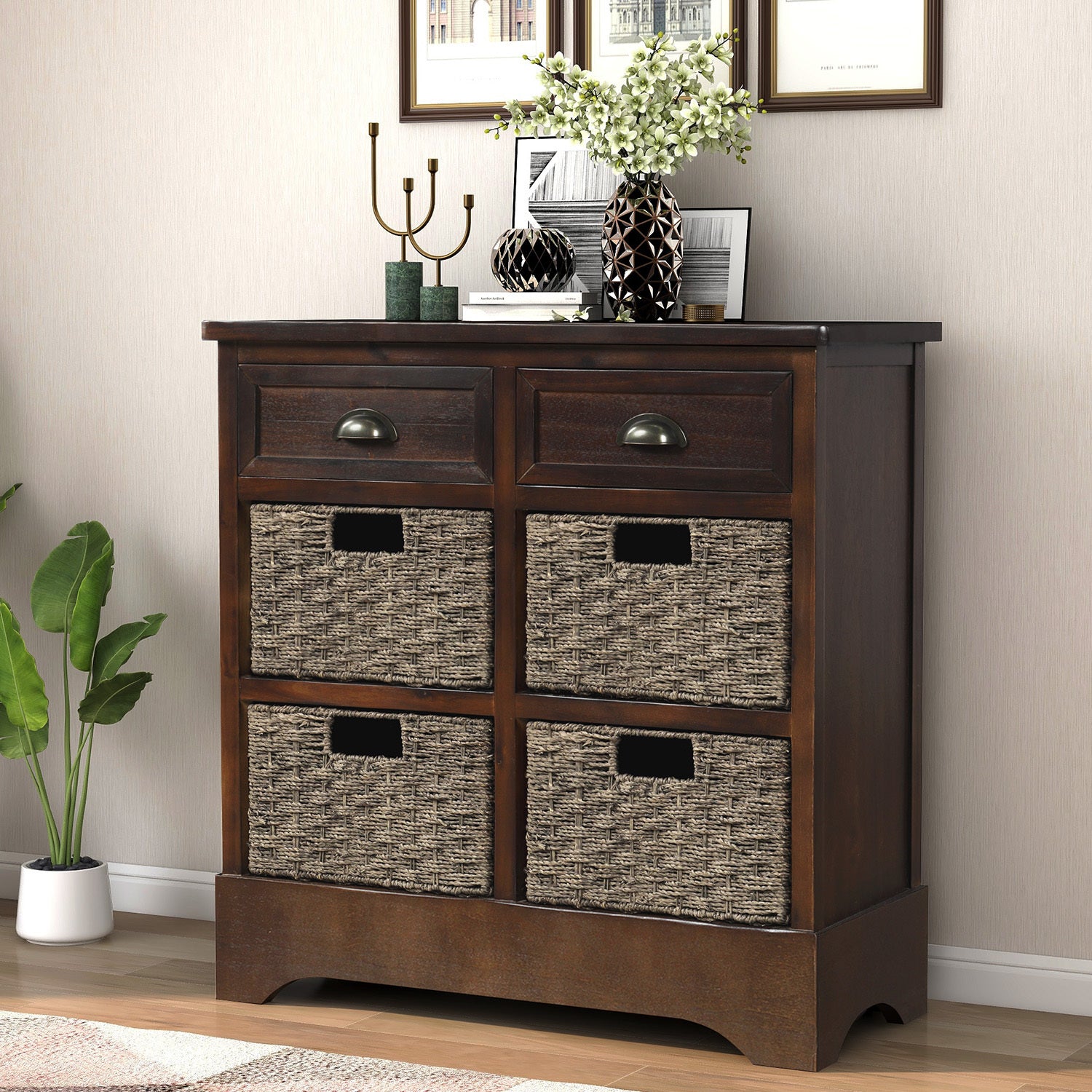 HAOYYE Rustic Storage Cabinet with Two Drawers and Four Classic Rattan Baskets for Dining Room or Living Room, Espresso, Sturdy Space-Saving Design, Heavy Duty Construction, Easy Assembly, Durable and Stylish Home Furniture