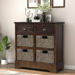 HAOYYE Rustic Storage Cabinet with Two Drawers and Four Classic Rattan Baskets for Dining Room or Living Room, Espresso, Sturdy Space-Saving Design, Heavy Duty Construction, Easy Assembly, Durable and Stylish Home Furniture