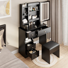 HAOYYE Compact Vanity Table With Left Drawer, Cushioned Stool, Built-In Power Station With 2 AC & 2 USB Ports, Hair Dryer Bracket, Touch-Control Sliding LED Mirror With Adjustable Brightness And Tri-Color Lighting