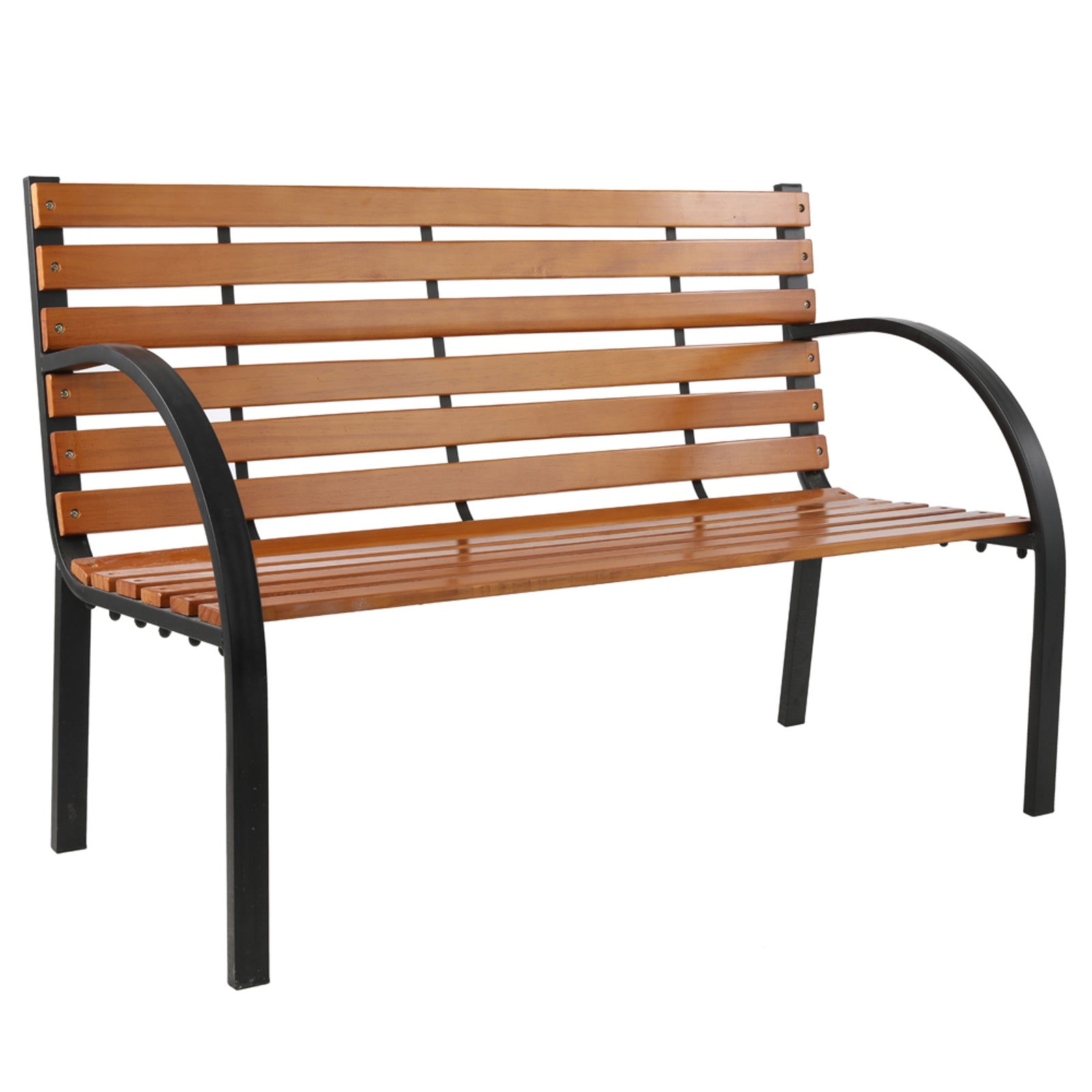 Haoyye Outdoor Patio Garden Bench with Slatted Hardwood Seat and Decorative Cast Iron Frame, Weather Resistant Park Style Seating for Porch, Lawn, Deck or Courtyard, Durable and Elegant Design for Home or Commercial Use