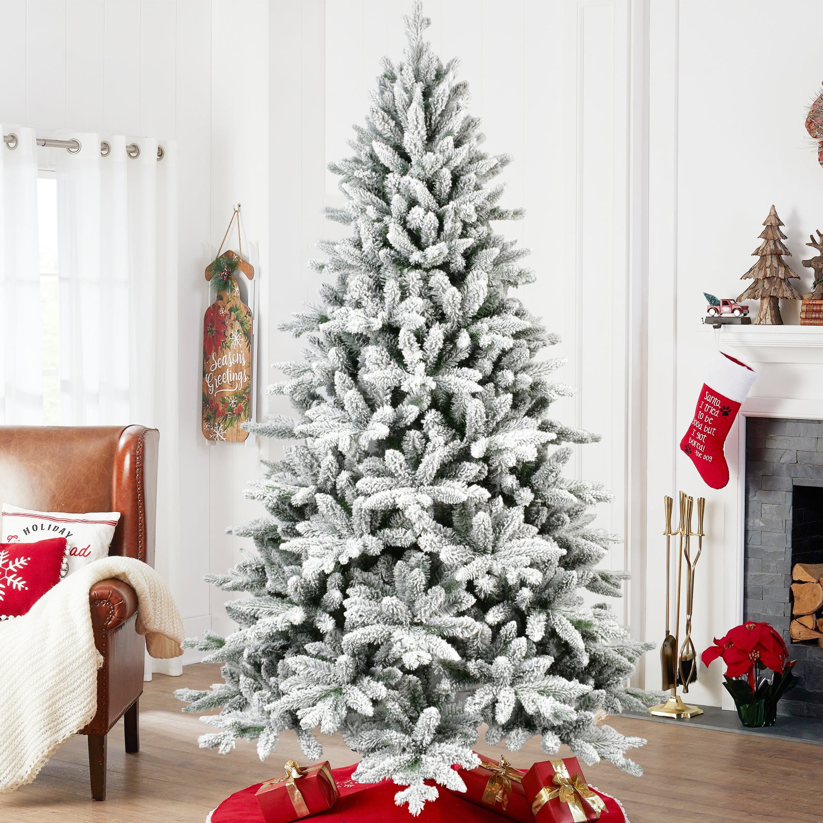 HAOYYE 7FT PE & PVC Flocked Artificial Christmas Tree ,With 1514 branch tips and metal stand,Foldable Fake Tree with Realistic Snowy Foliage for Home Decoration Sturdy Space-Saving Heavy Duty Modern Design