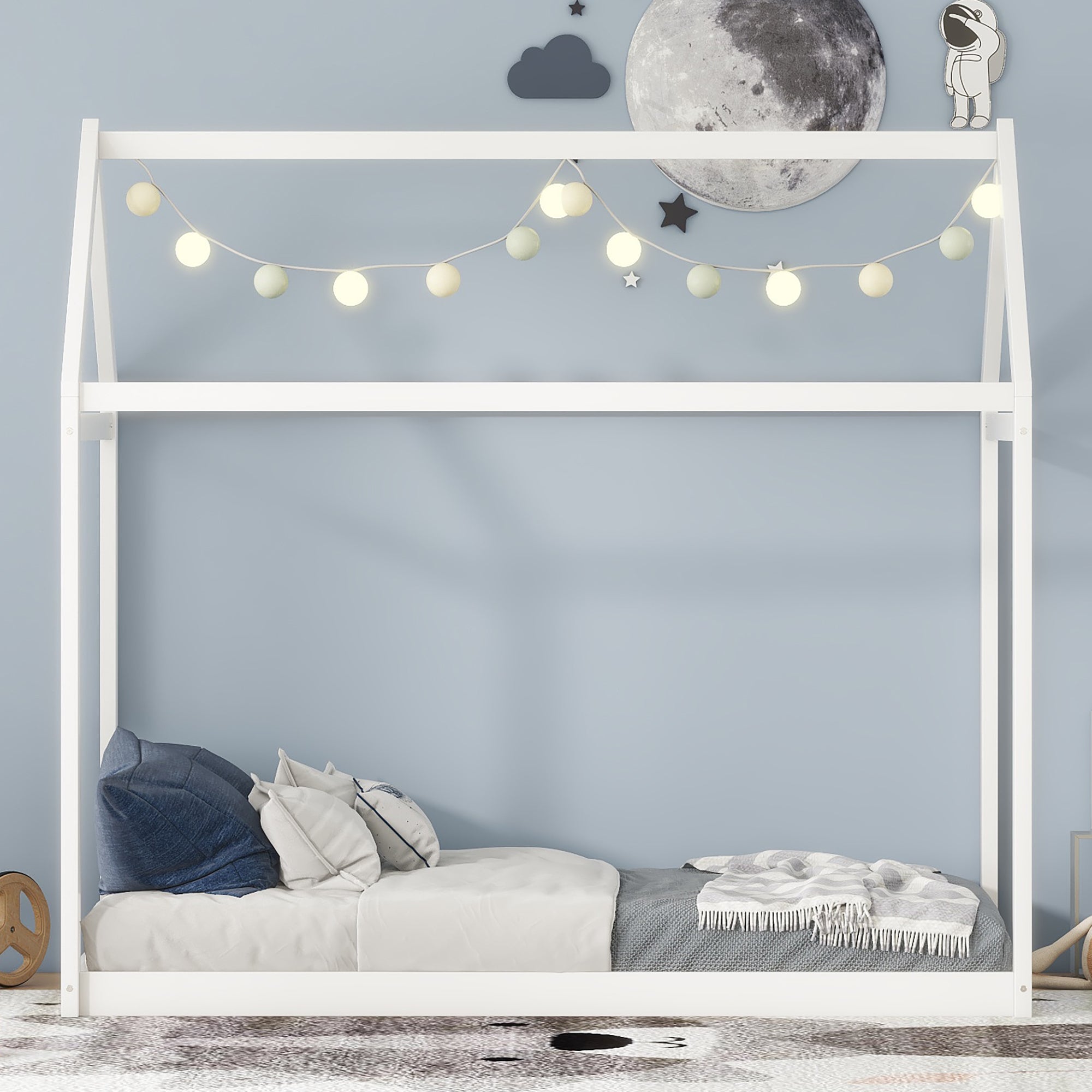 HAOYYE Twin Size Wooden House Bed, White Sturdy Space-Saving Heavy Duty Modern Design Adults Dorm Room Easy Assembly Bedroom Furniture