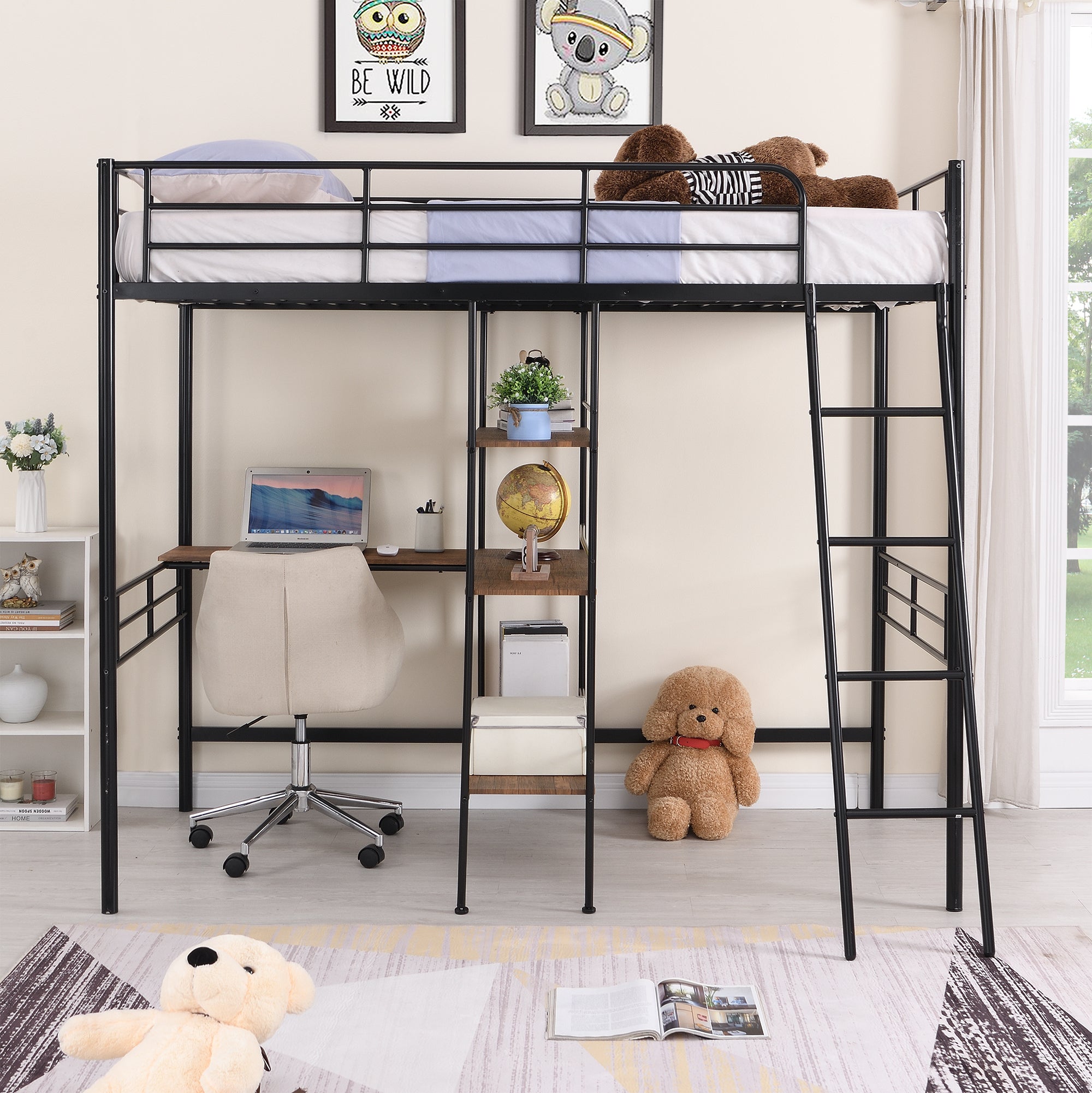 HAOYYE Twin Size Metal Loft Bed and Built-in Desk and Shelves,Black Sturdy Space-Saving Heavy Duty Modern Design Adults Dorm Room Easy Assembly Bedroom Furniture