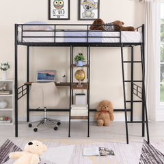HAOYYE Twin Size Metal Loft Bed and Built-in Desk and Shelves,Black Sturdy Space-Saving Heavy Duty Modern Design Adults Dorm Room Easy Assembly Bedroom Furniture