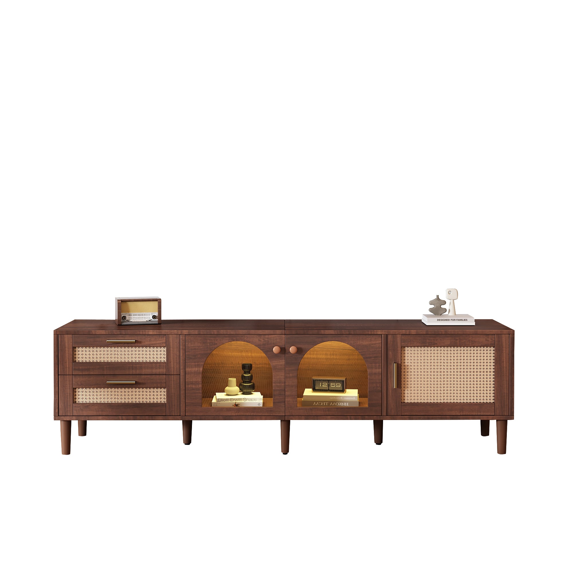 HAOYYE Rattan TV Stand with 3 Cabinets & 2 Drawers, Rattan-Inspired Media Console Table for TVs up to 80", LED Light Entertainment Center, TV Cabinet for Living Room, Bedroom, Home Theater, Sturdy Heavy Duty Construction