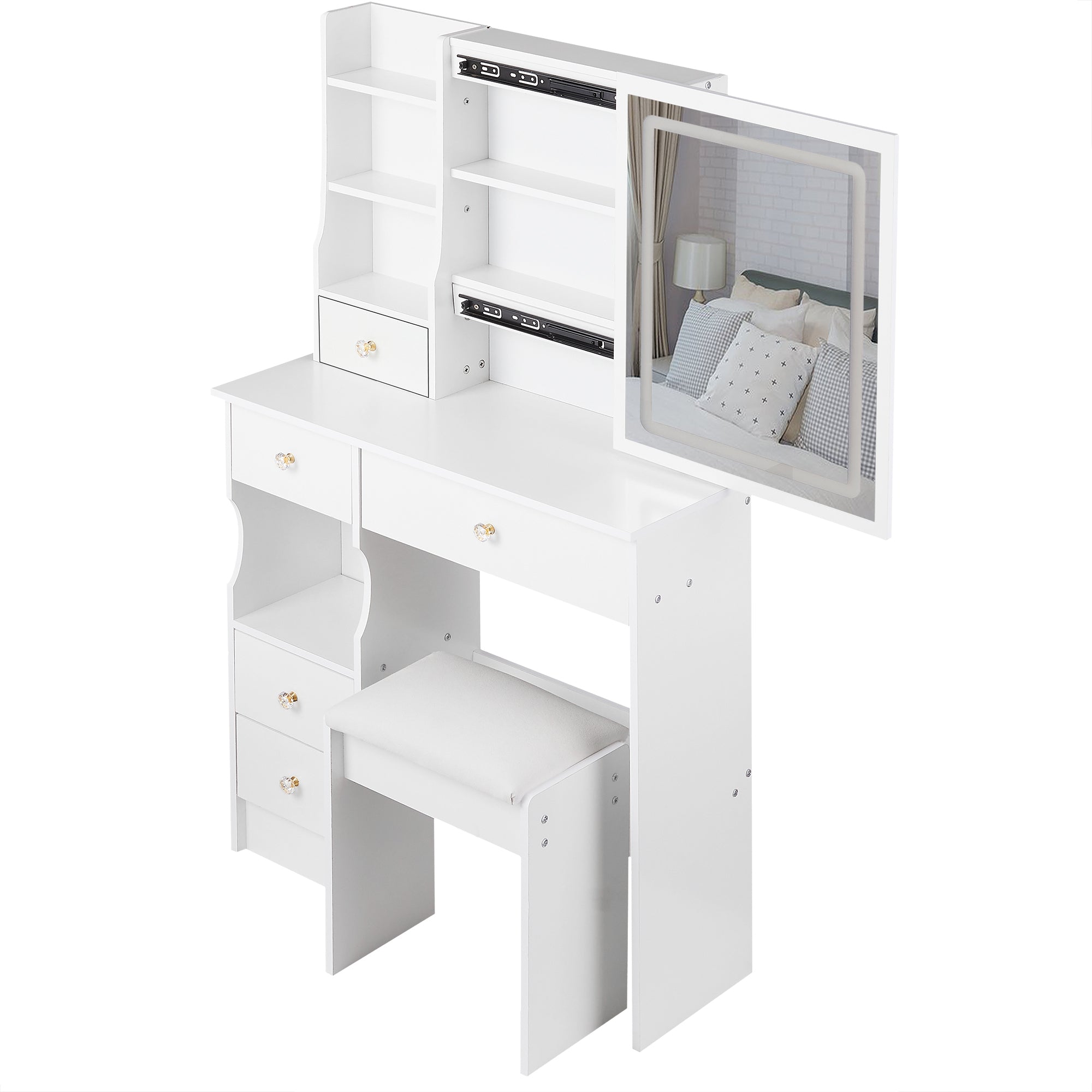 HAOYYE Small Left Drawer Desktop Vanity Table with Cushioned Stool, Touch Control Sliding LED Mirror, Tri-Color Lighting, Brightness Adjustment, Multi-Layer Storage, Ideal for Small Spaces