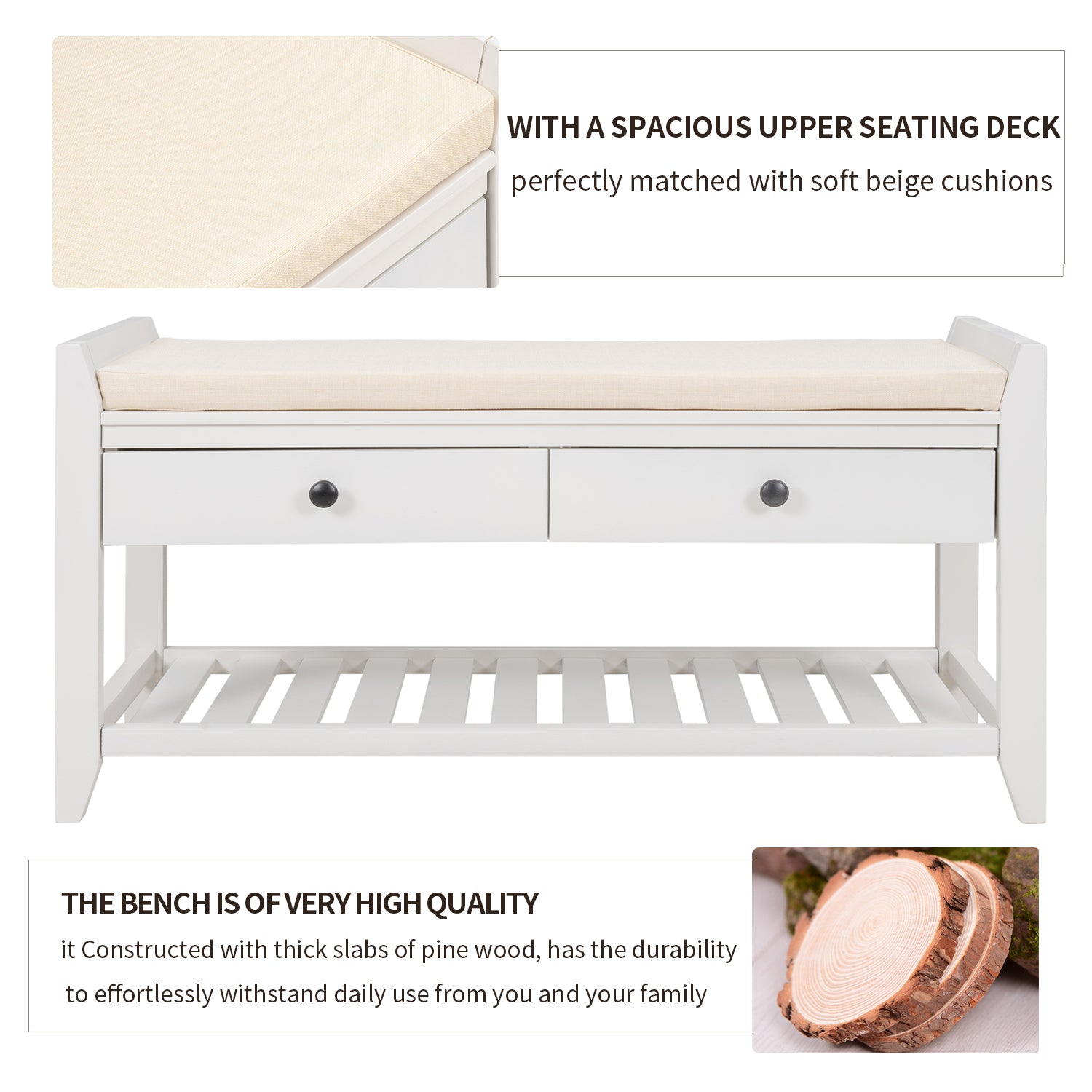 HAOYYE Shoe Rack Bench with Cushioned Seat and Storage Drawers, Versatile White Entryway Storage Bench, Sturdy Space-Saving Design, Heavy Duty Construction, Easy Assembly, Durable Stylish Home Furniture