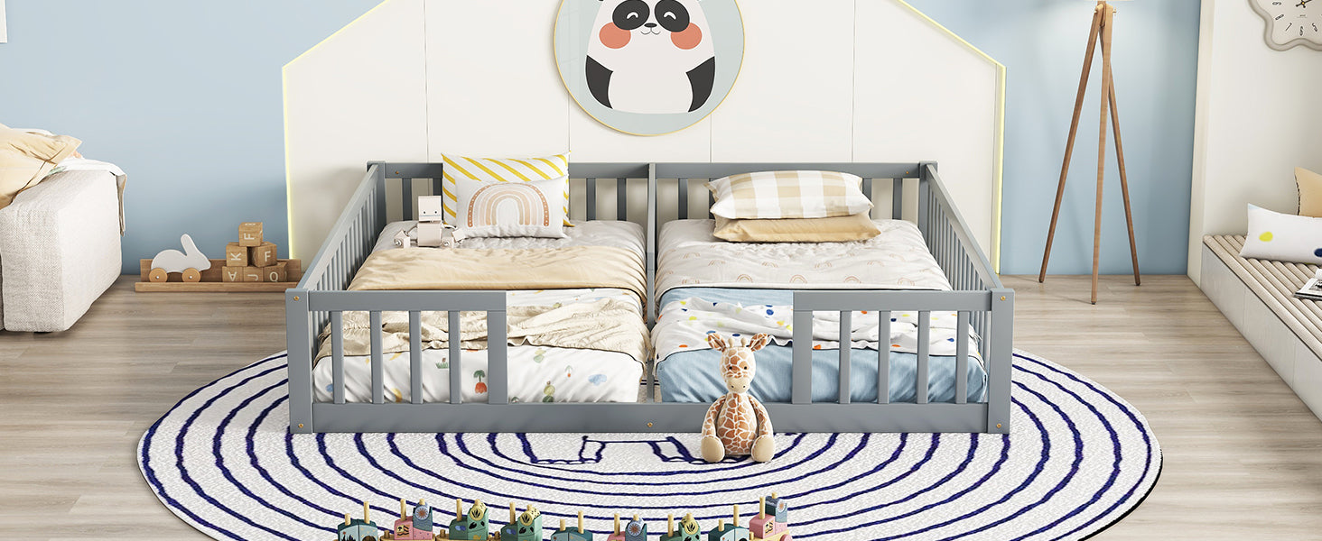 HAOYYE Double Twin Floor Bed with Fence, Guardrails, without door, Grey Sturdy Space-Saving Heavy Duty Modern Design Easy Assembly Durable Stylish Home Furniture Versatile