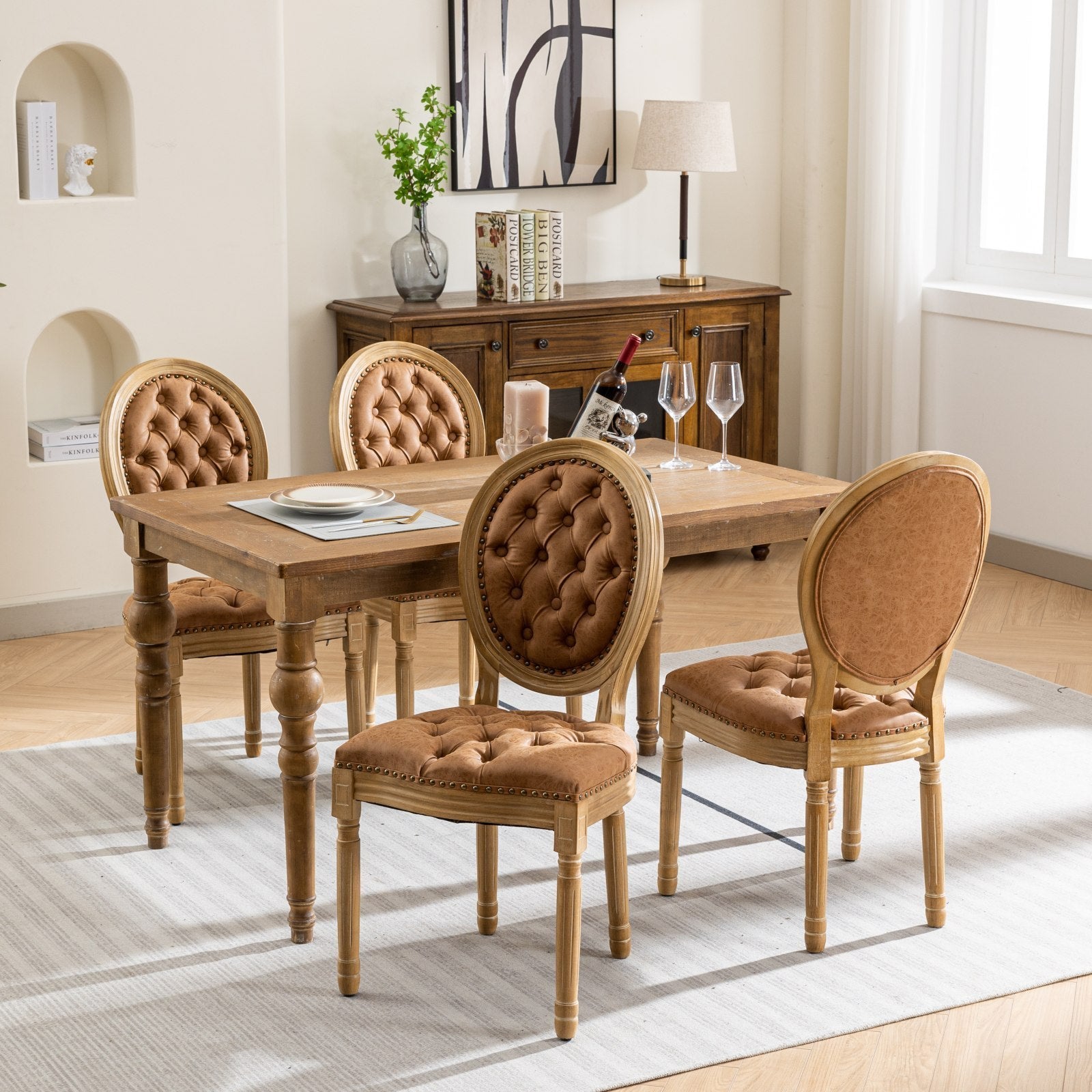 HAOYYE French Style Solid Wood Frame Antique Painting,Hand-pulled buckle decoration PU artificial leather Dining Chair with Nailhead Trim ,Wood Legs,Density Foam,Steel Spring inner,Set of 2,Orange,SW1839OG