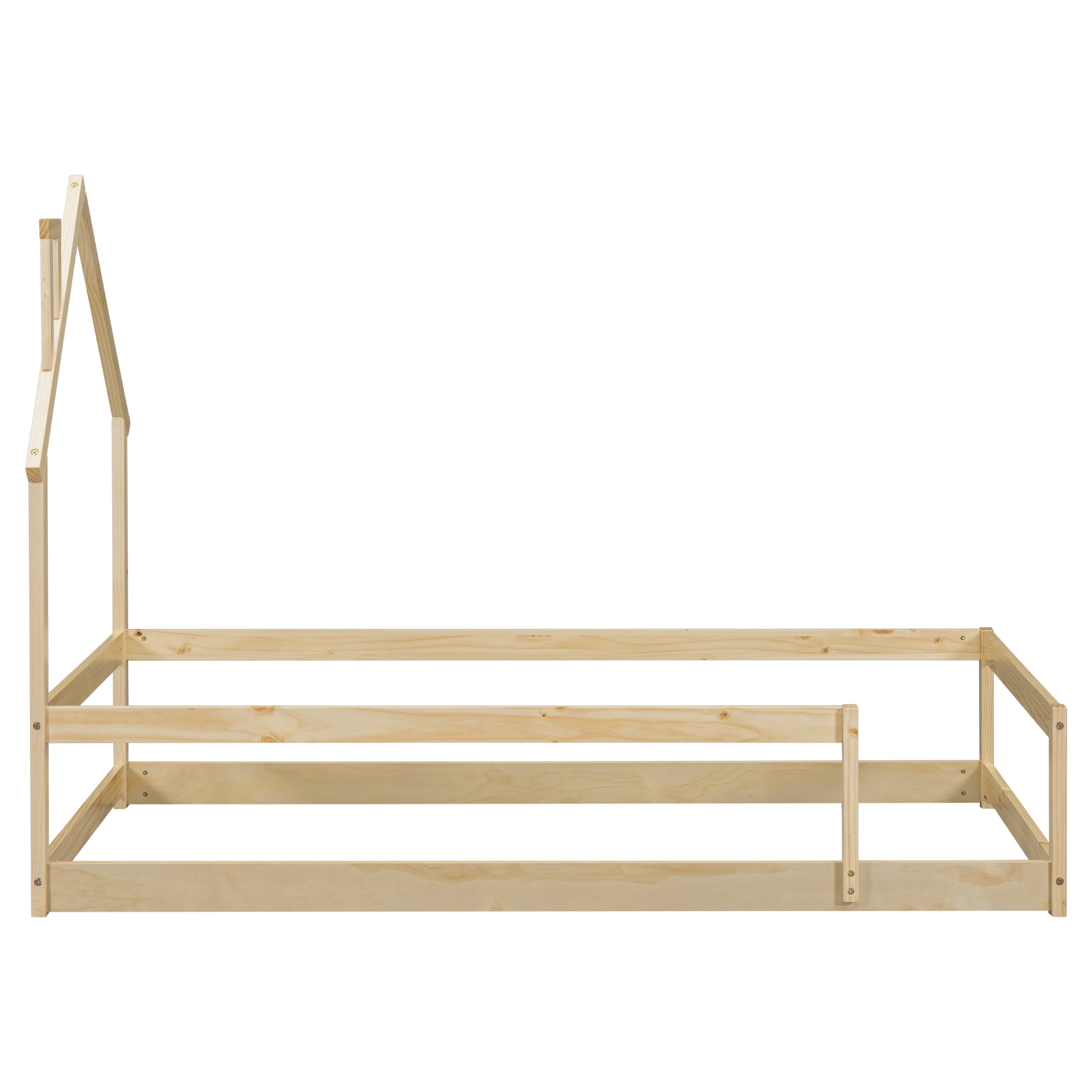 Haoyye Twin Size Wood Bed with House-Shaped Headboard, Floor Bed Frame with Fences and Guardrails, Low Platform Design for Bedroom or Dorm, Sturdy Pine Construction, Space-Saving and Heavy Duty, Easy Assembly, Ideal for Cozy Sleeping Spaces