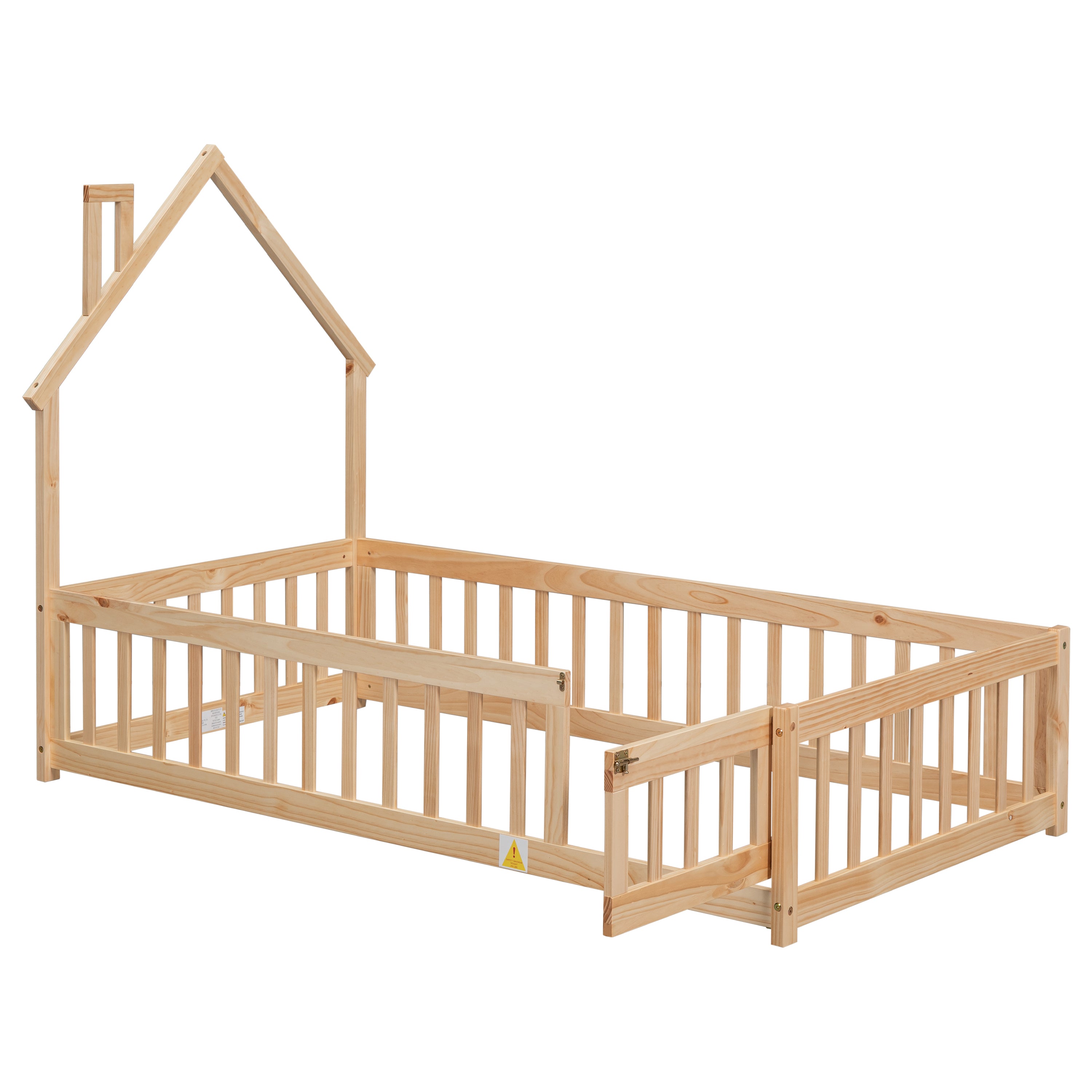 HAOYYE Twin House-Shaped Headboard Floor Bed with Fence ,Natural Sturdy Space-Saving Heavy Duty Modern Design Adults Dorm Room Easy Assembly Bedroom Furniture